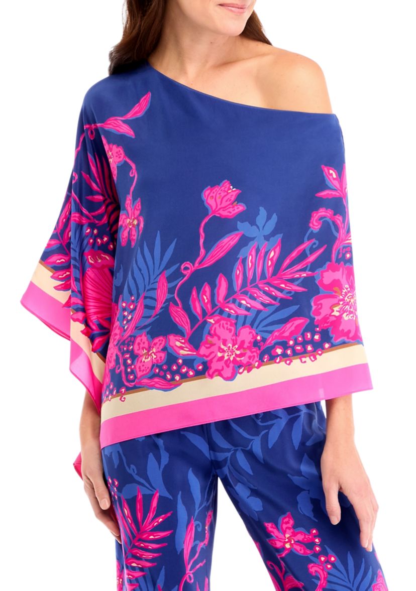 Womens One Shoulder Kimono Sleeve Floral Silk Top 