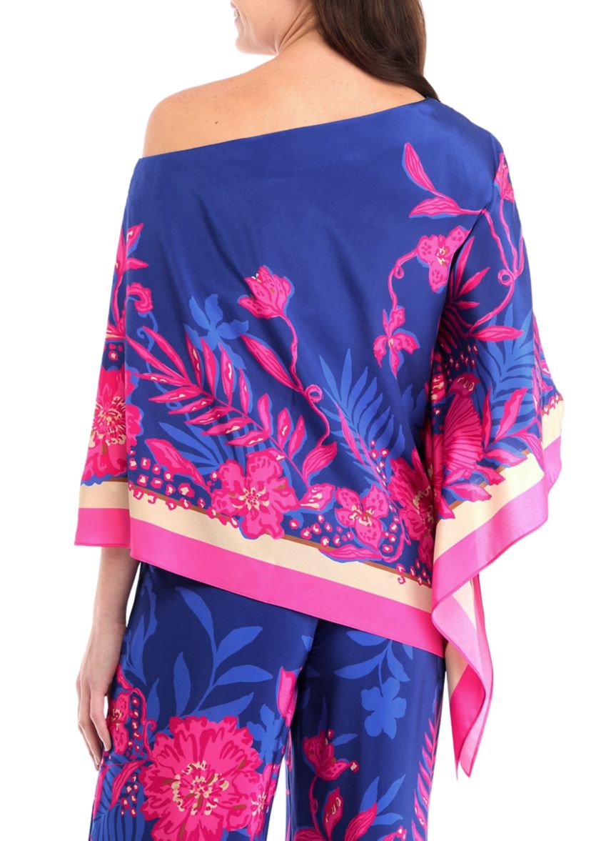 Womens One Shoulder Kimono Sleeve Floral Silk Top 