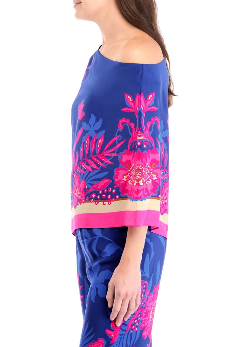 Womens One Shoulder Kimono Sleeve Floral Silk Top 