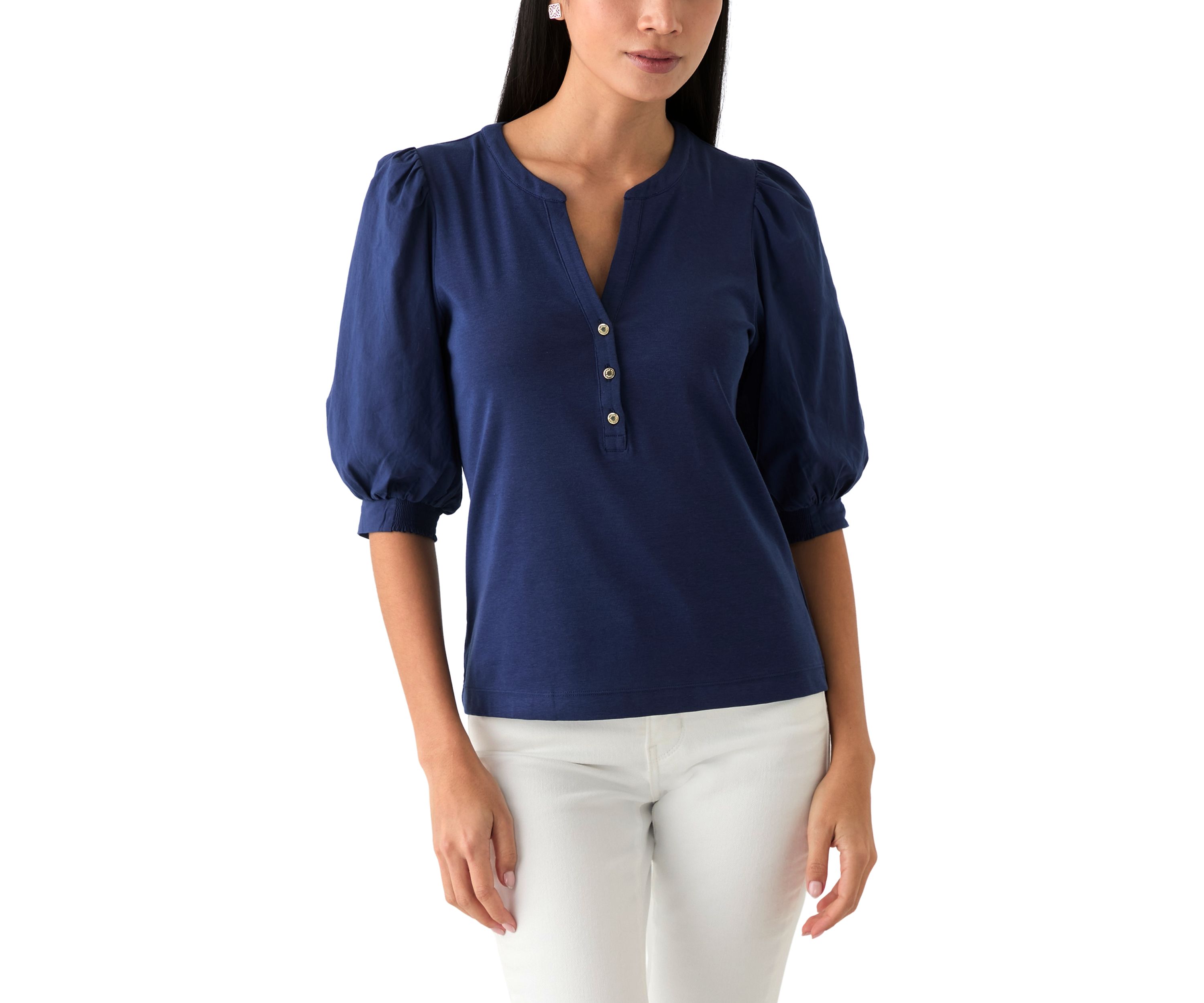 Womens Knit Puff Sleeve Split Neck Top 