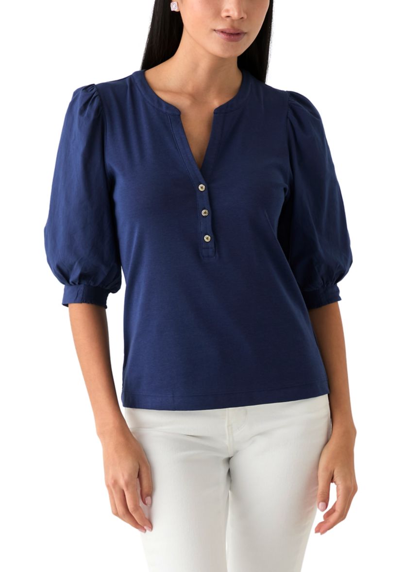 Womens Knit Puff Sleeve Split Neck Top 
