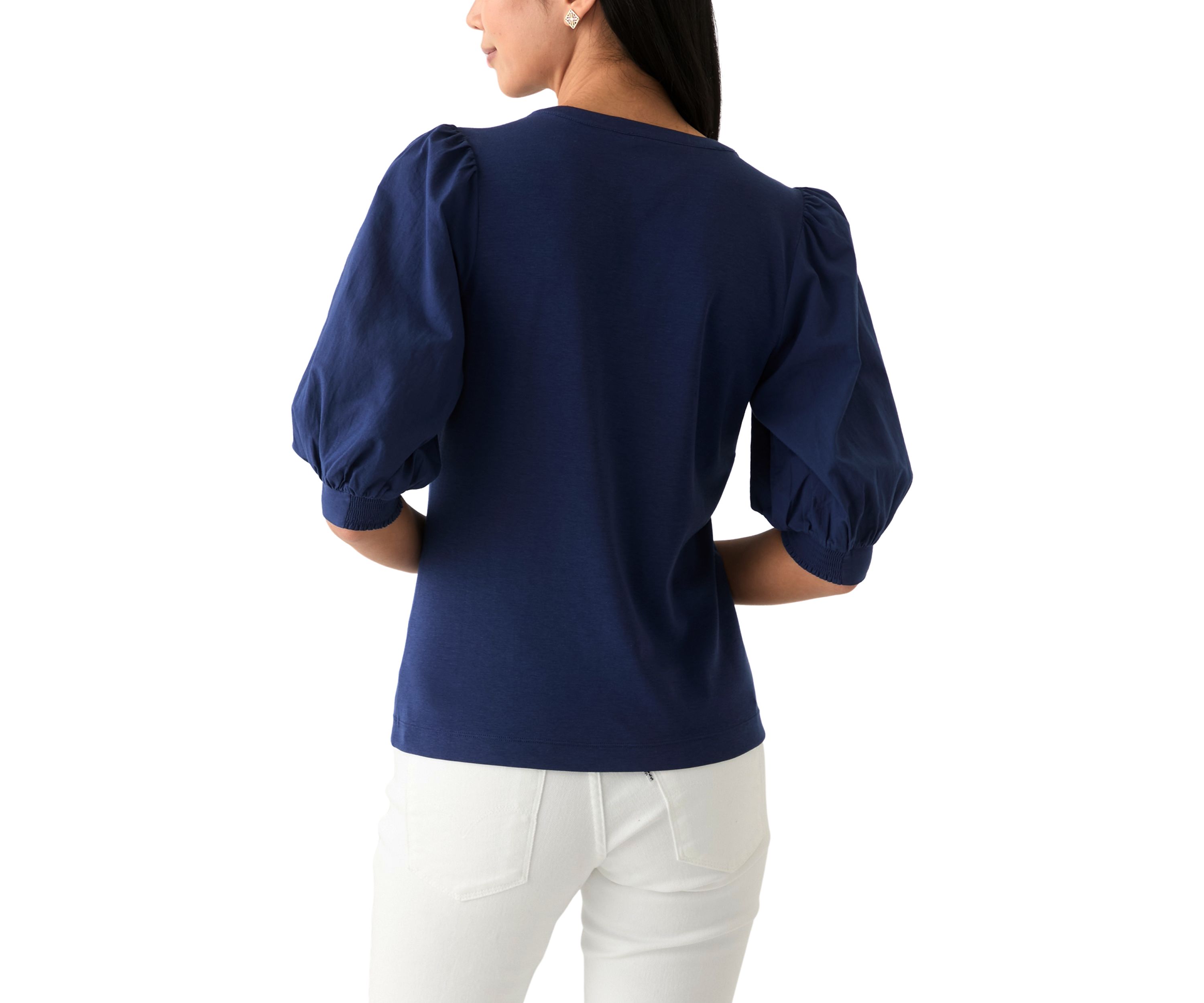 Womens Knit Puff Sleeve Split Neck Top 