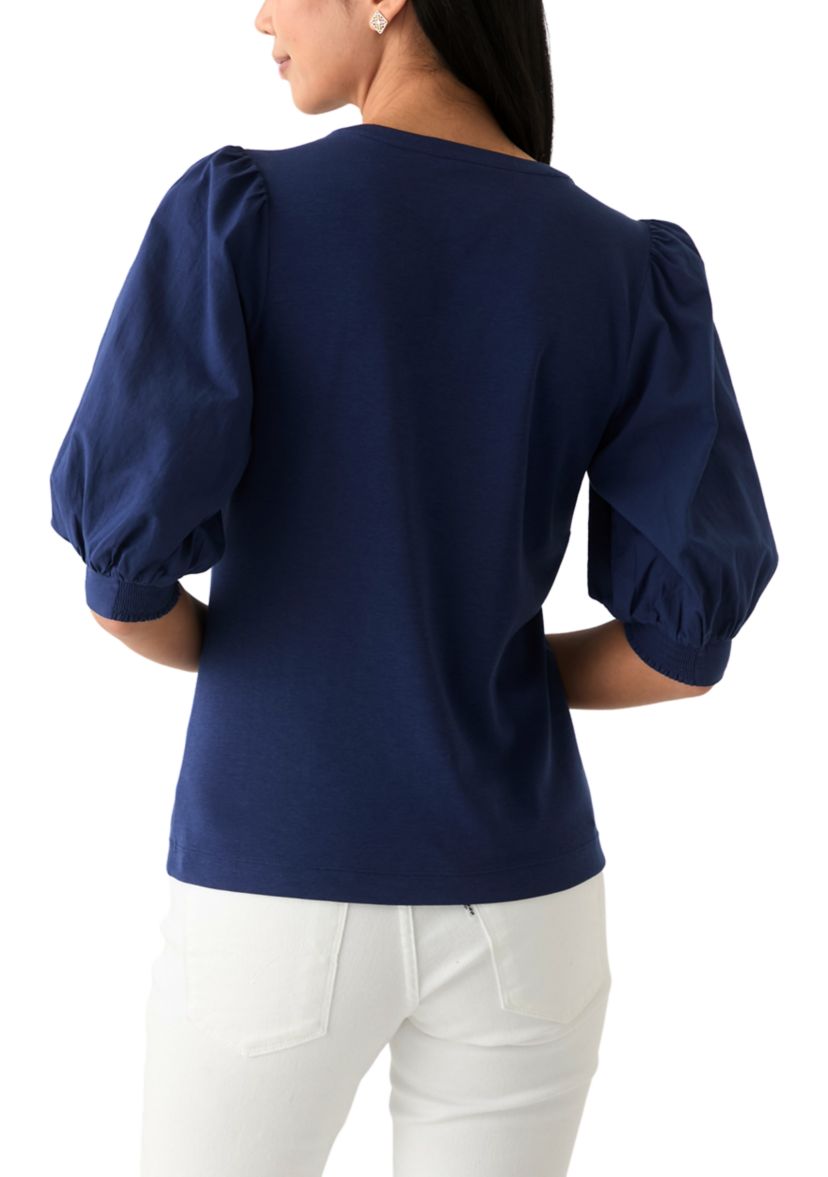 Womens Knit Puff Sleeve Split Neck Top 
