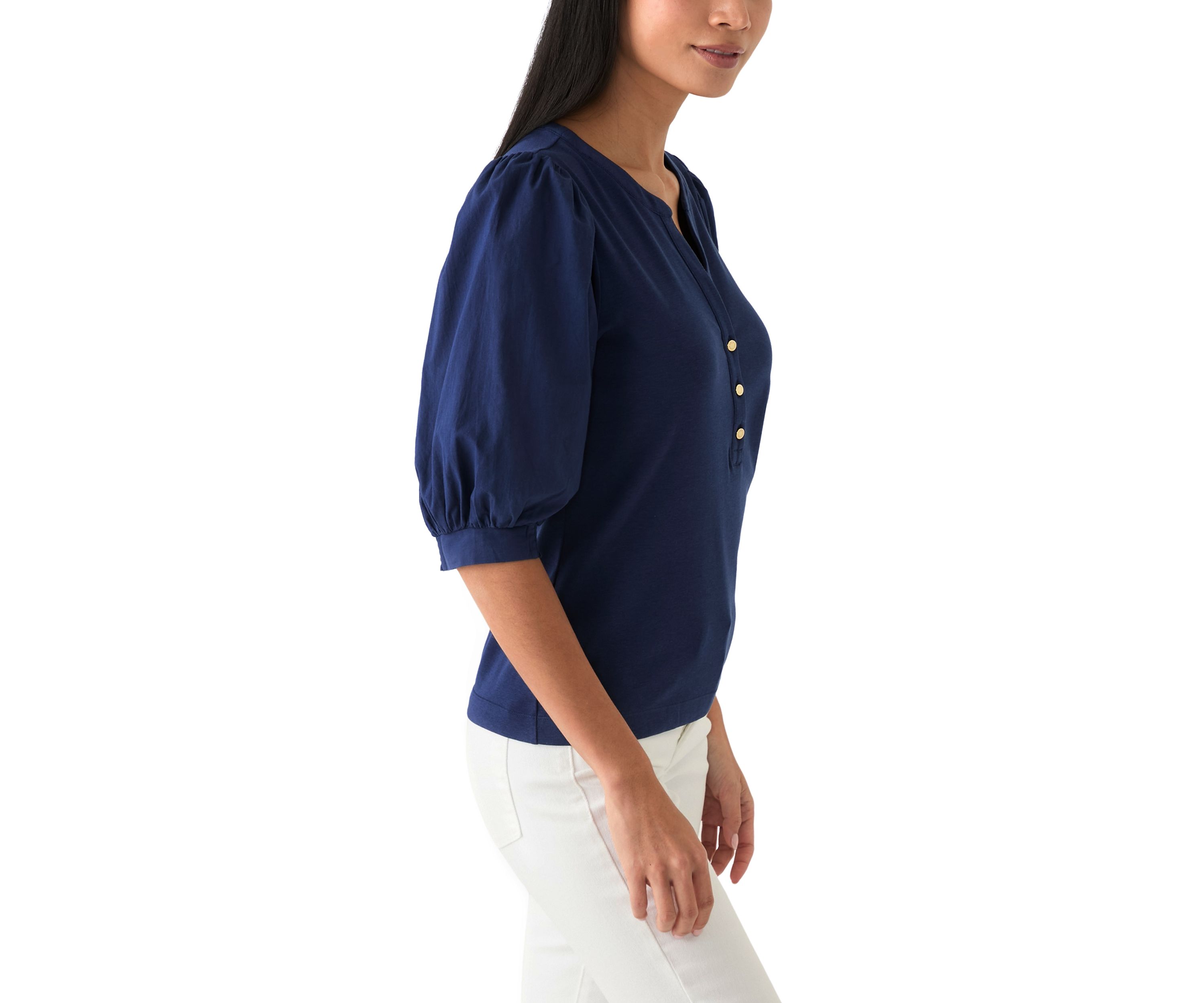 Womens Knit Puff Sleeve Split Neck Top 