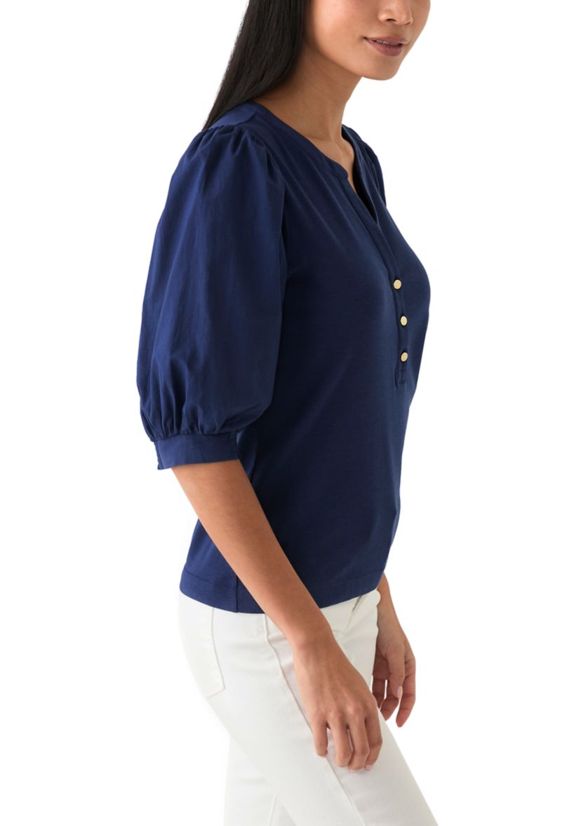 Womens Knit Puff Sleeve Split Neck Top 