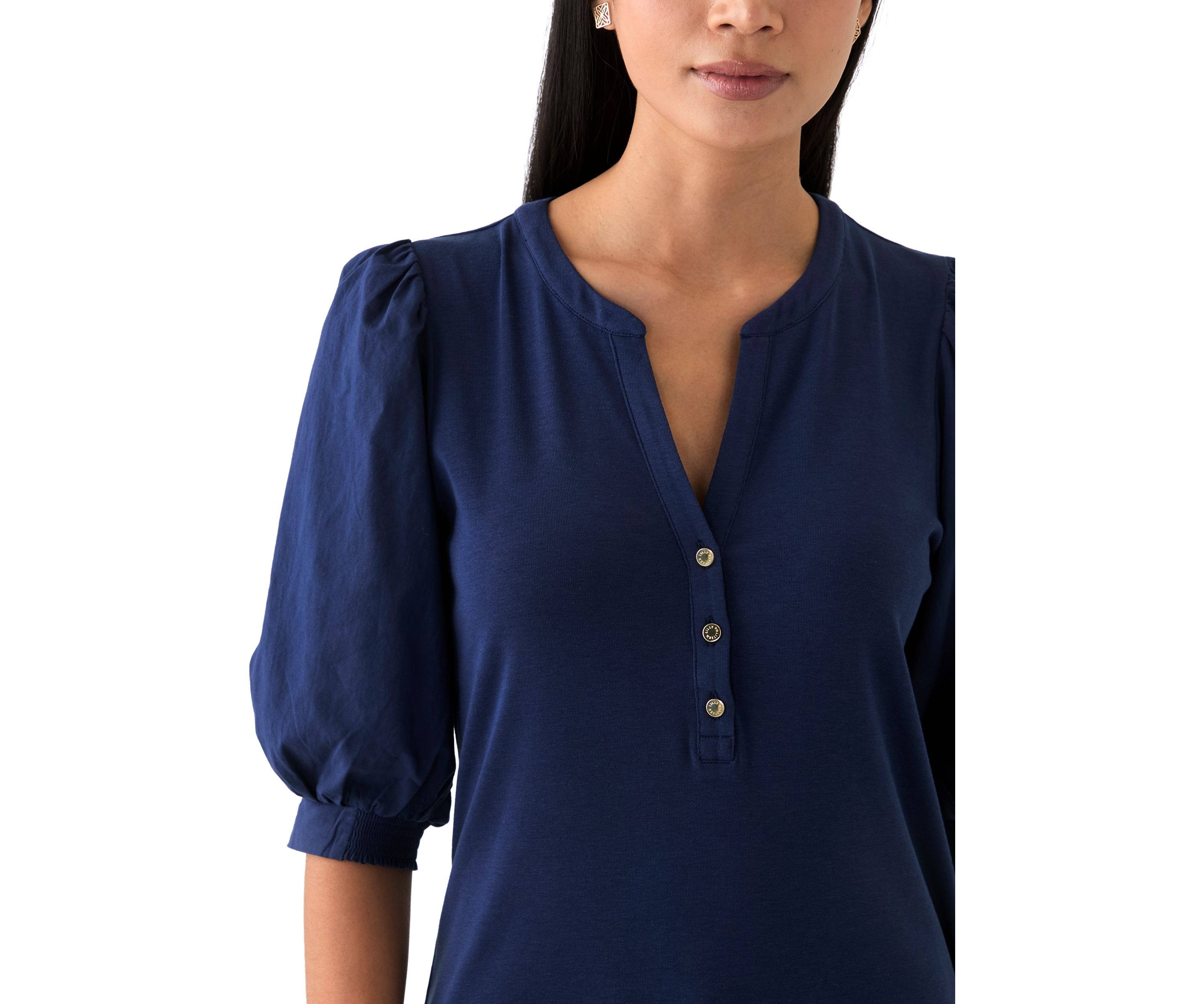 Womens Knit Puff Sleeve Split Neck Top 