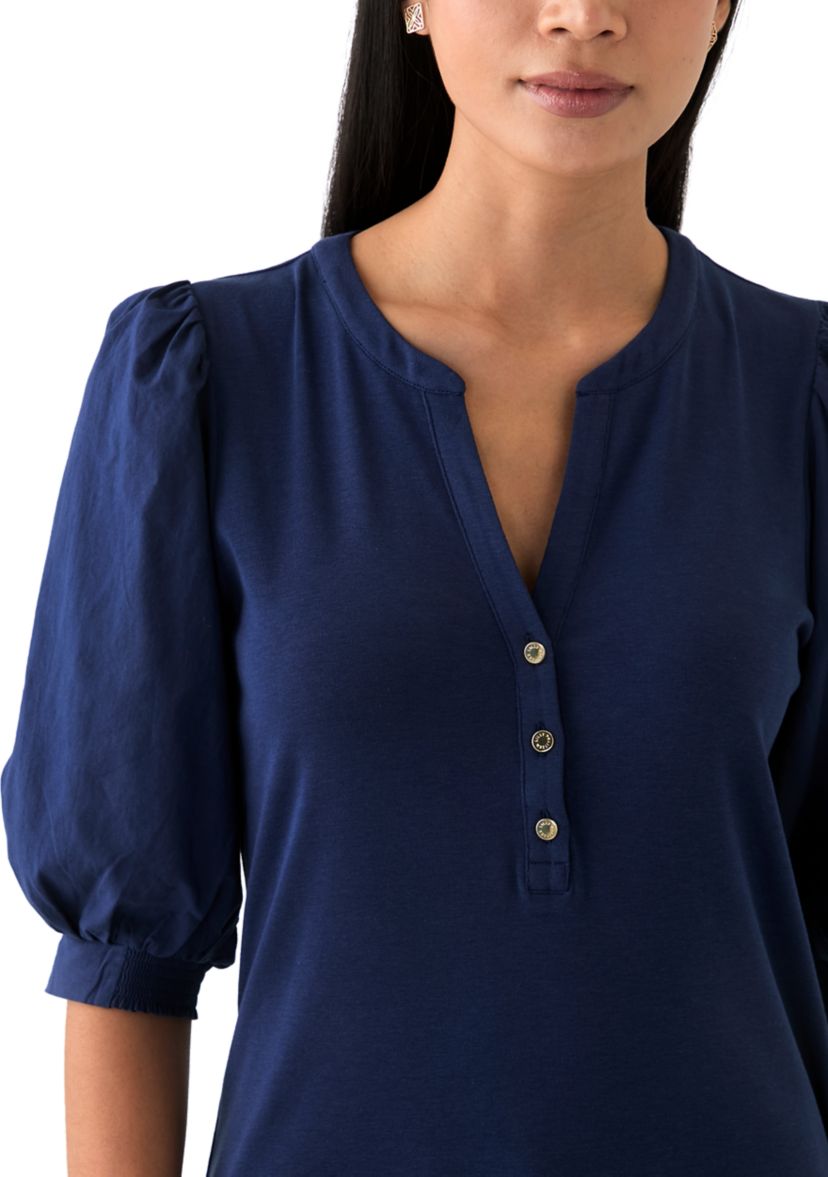 Womens Knit Puff Sleeve Split Neck Top 