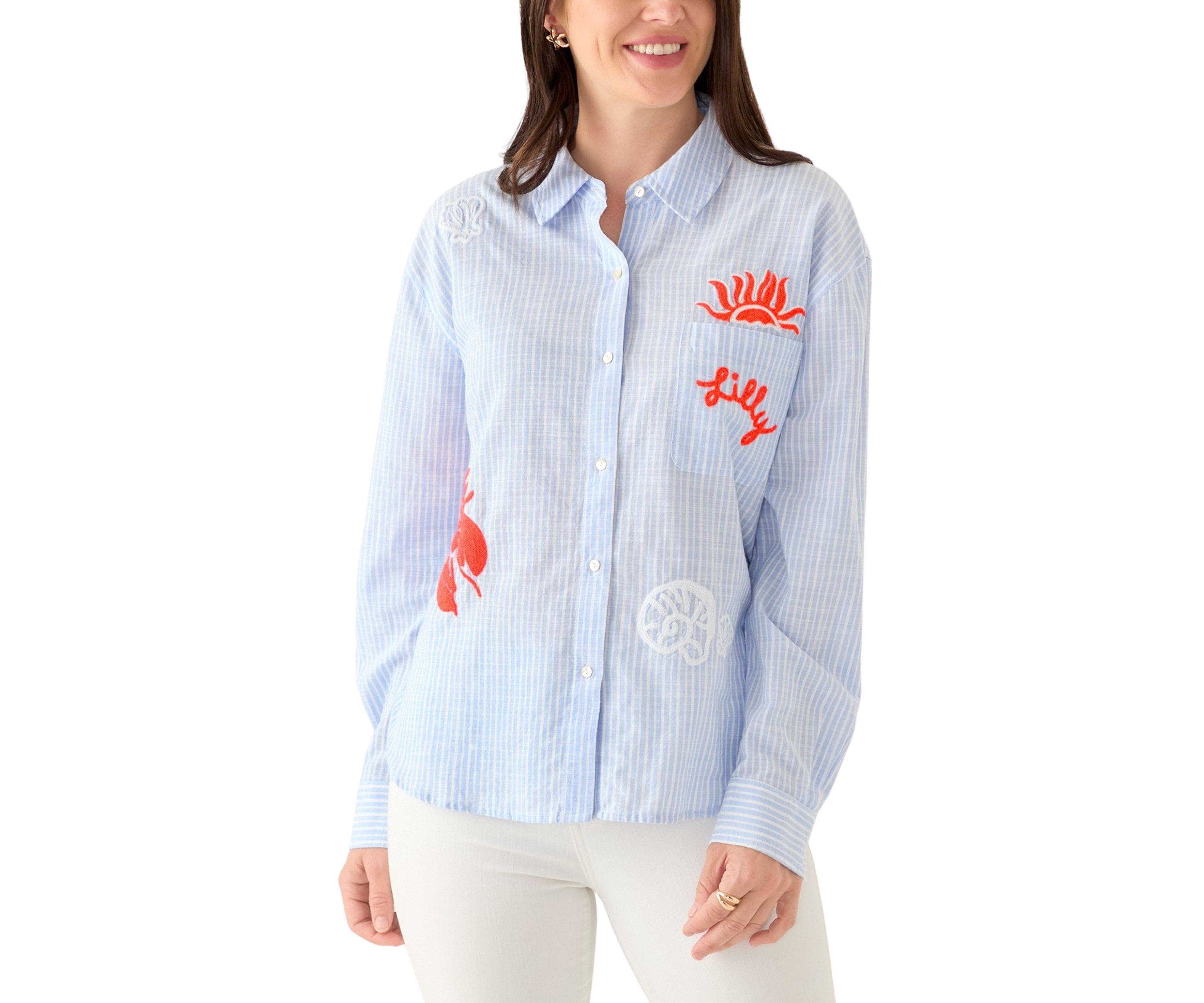 Womens Bondi Button Down Beach Day Embroidered Seacrety Stripe Top