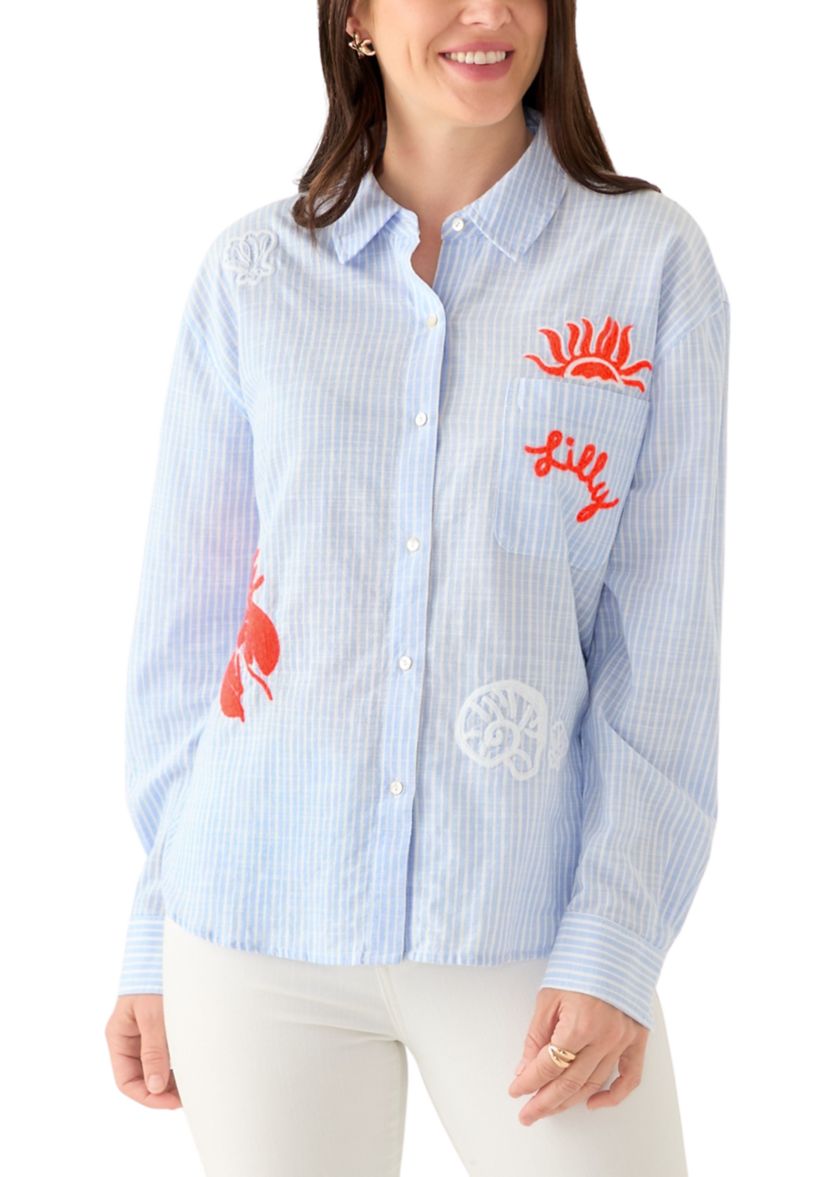 Womens Bondi Button Down Beach Day Embroidered Seacrety Stripe Top