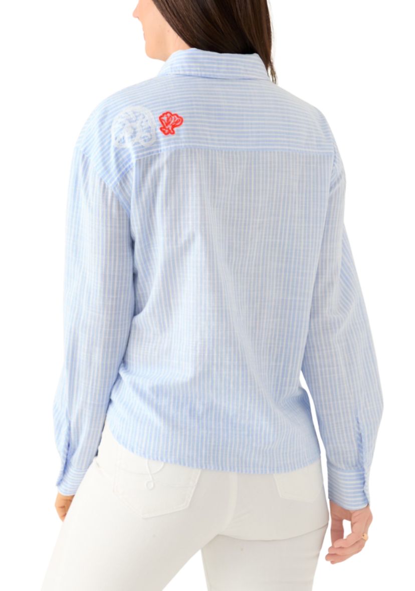 Womens Bondi Button Down Beach Day Embroidered Seacrety Stripe Top
