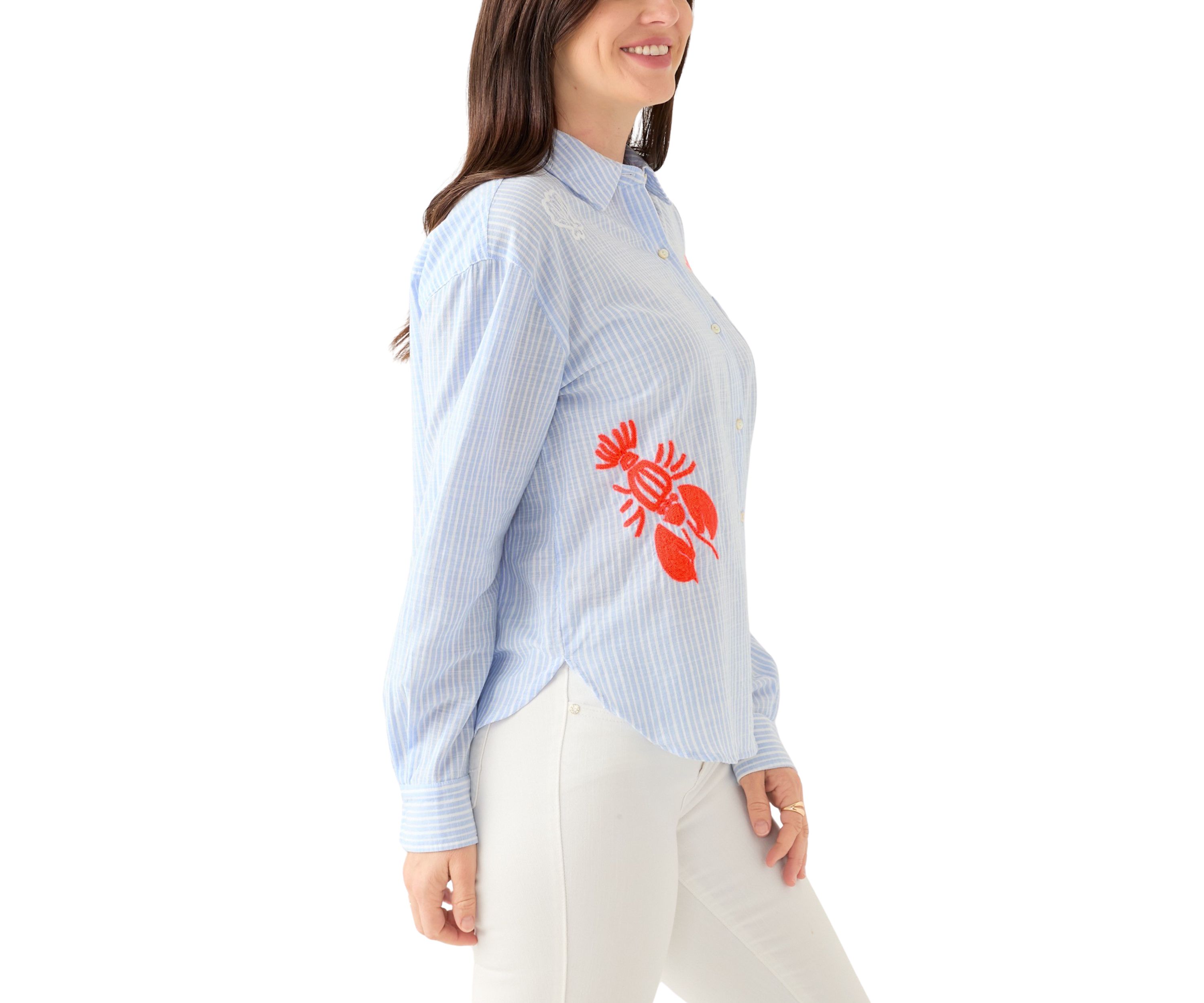Womens Bondi Button Down Beach Day Embroidered Seacrety Stripe Top
