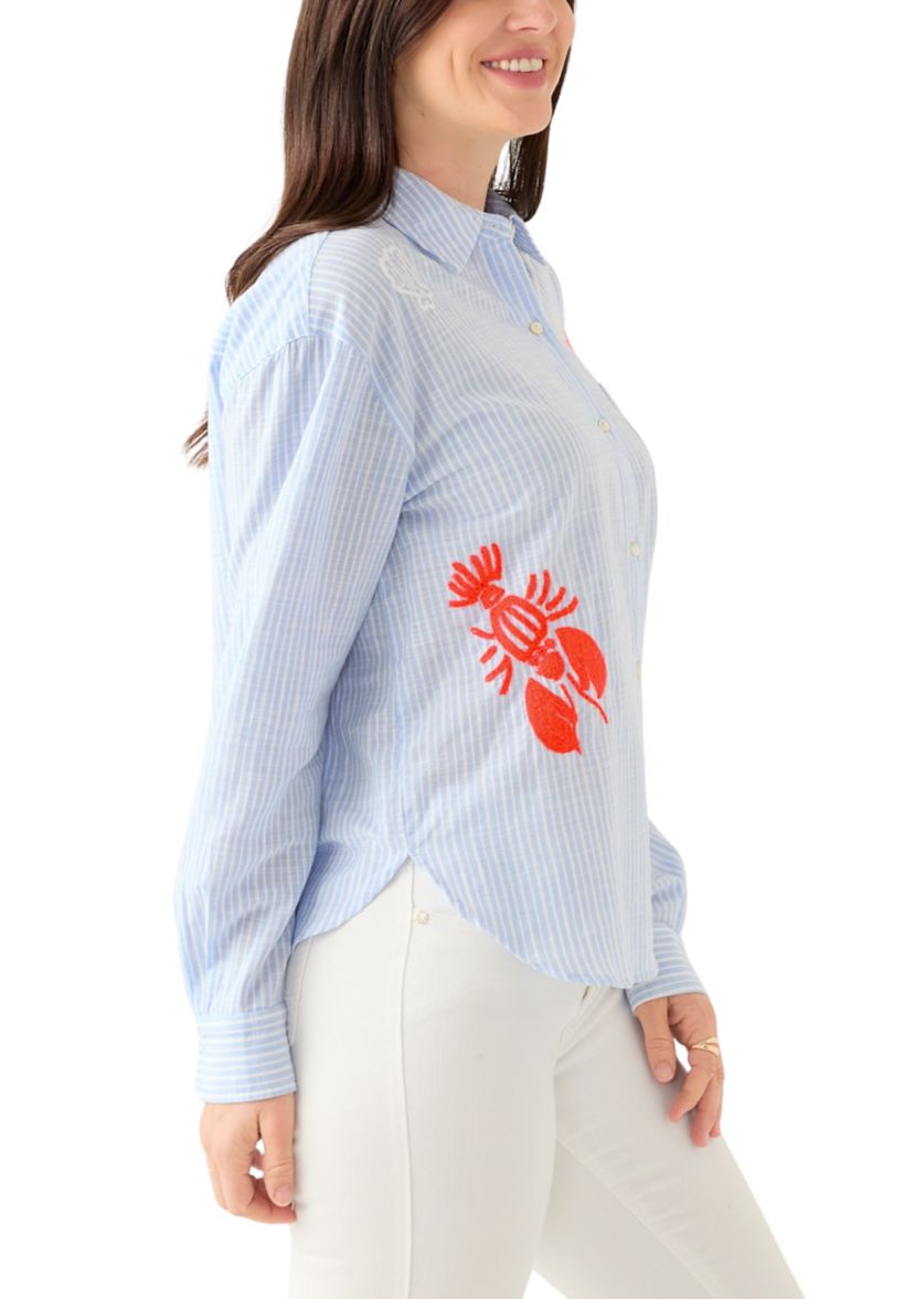 Womens Bondi Button Down Beach Day Embroidered Seacrety Stripe Top