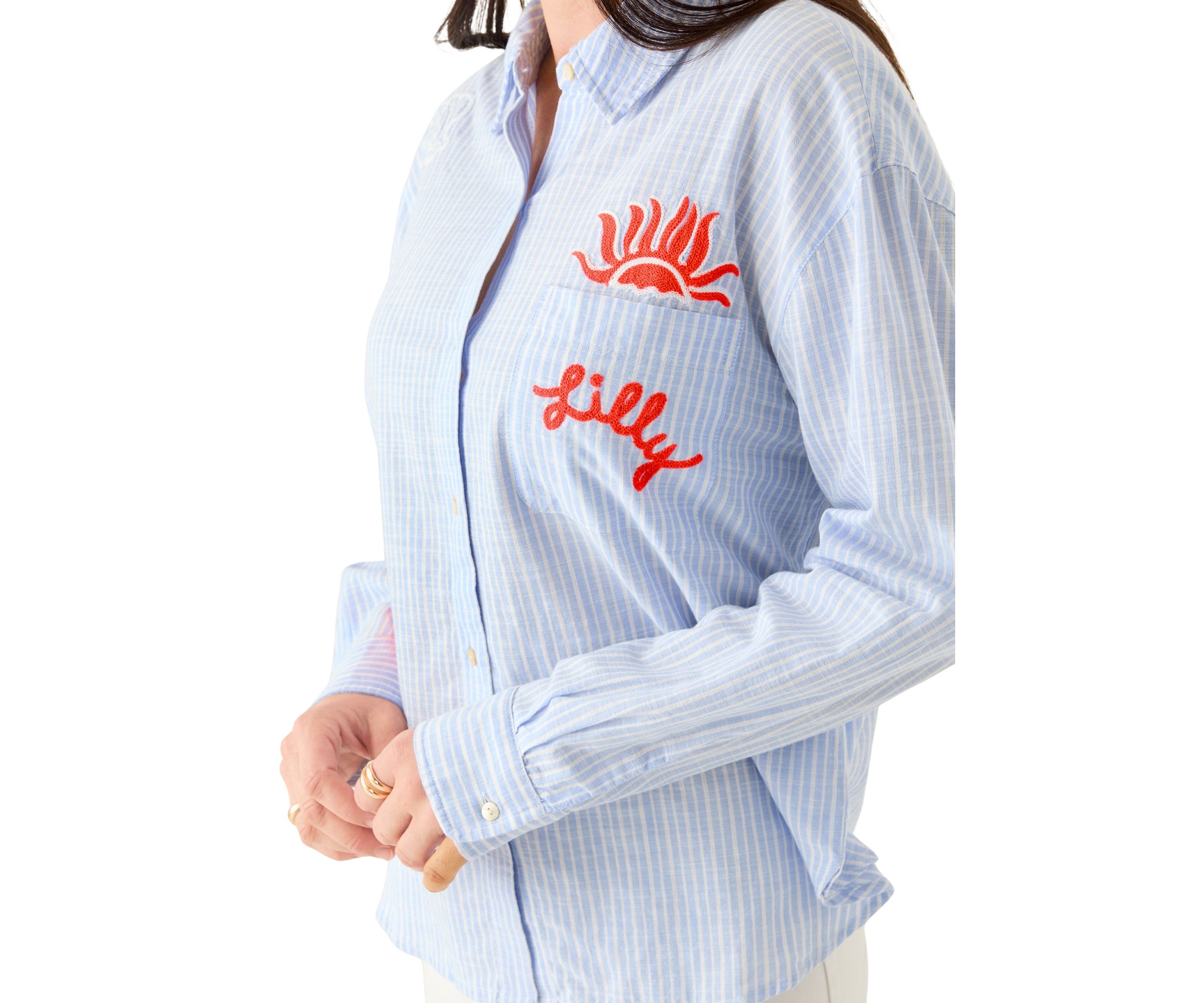 Womens Bondi Button Down Beach Day Embroidered Seacrety Stripe Top