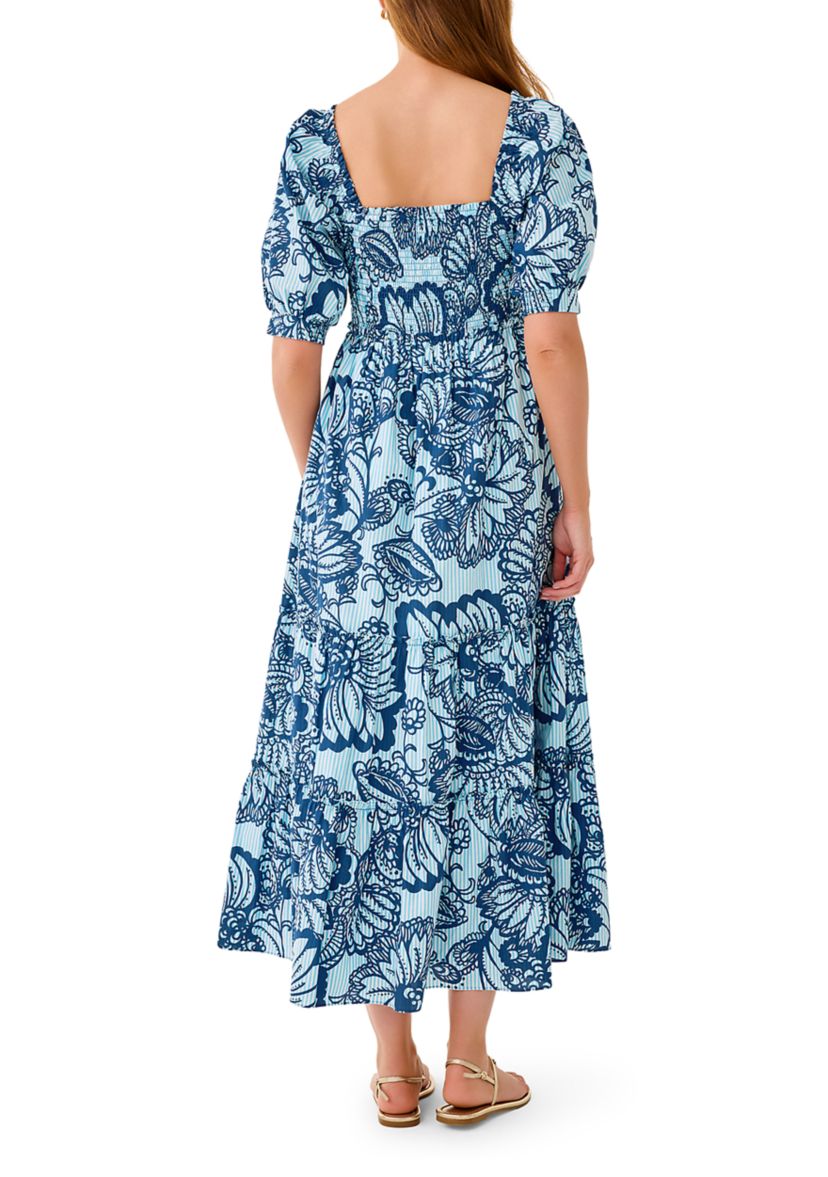 beige and navy blue dress Lilly Pulitzer Millicent Linen Maxi Shirtdress Martinique Blue Zee Beb –  Fenwick Float-ors