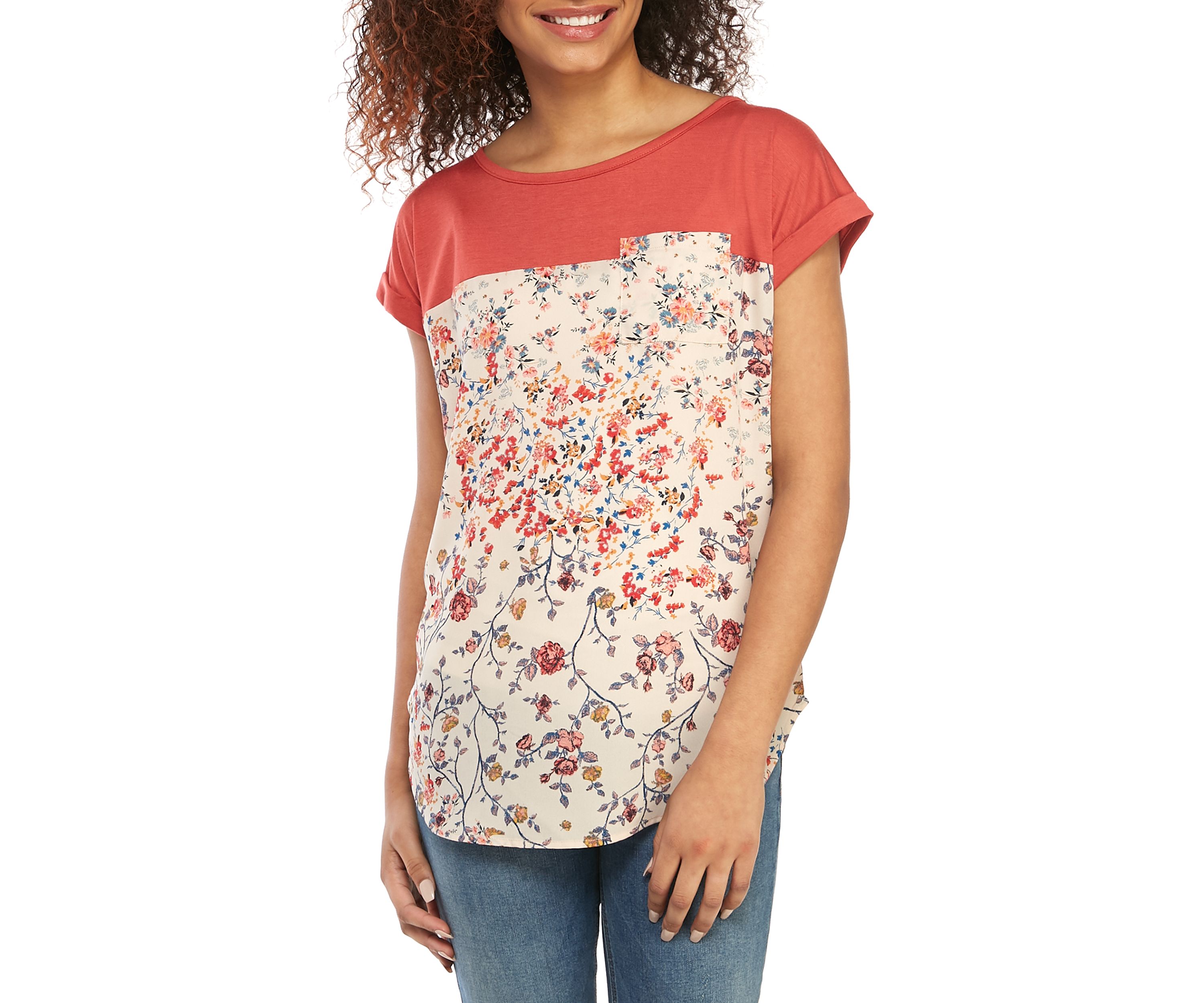 Short Sleeve Knit to Woven Top