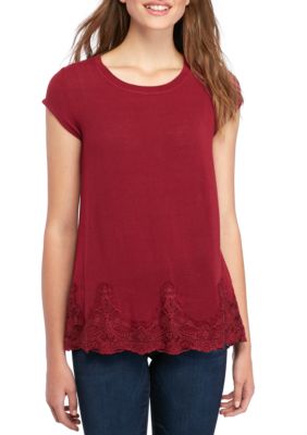 Jolt Short Sleeve Lace Bottom Top | belk