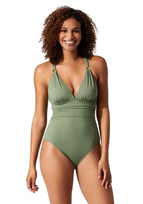 Tommy Bahama Paradise Fronds V-Neck Cross Back One Piece Swimsuit