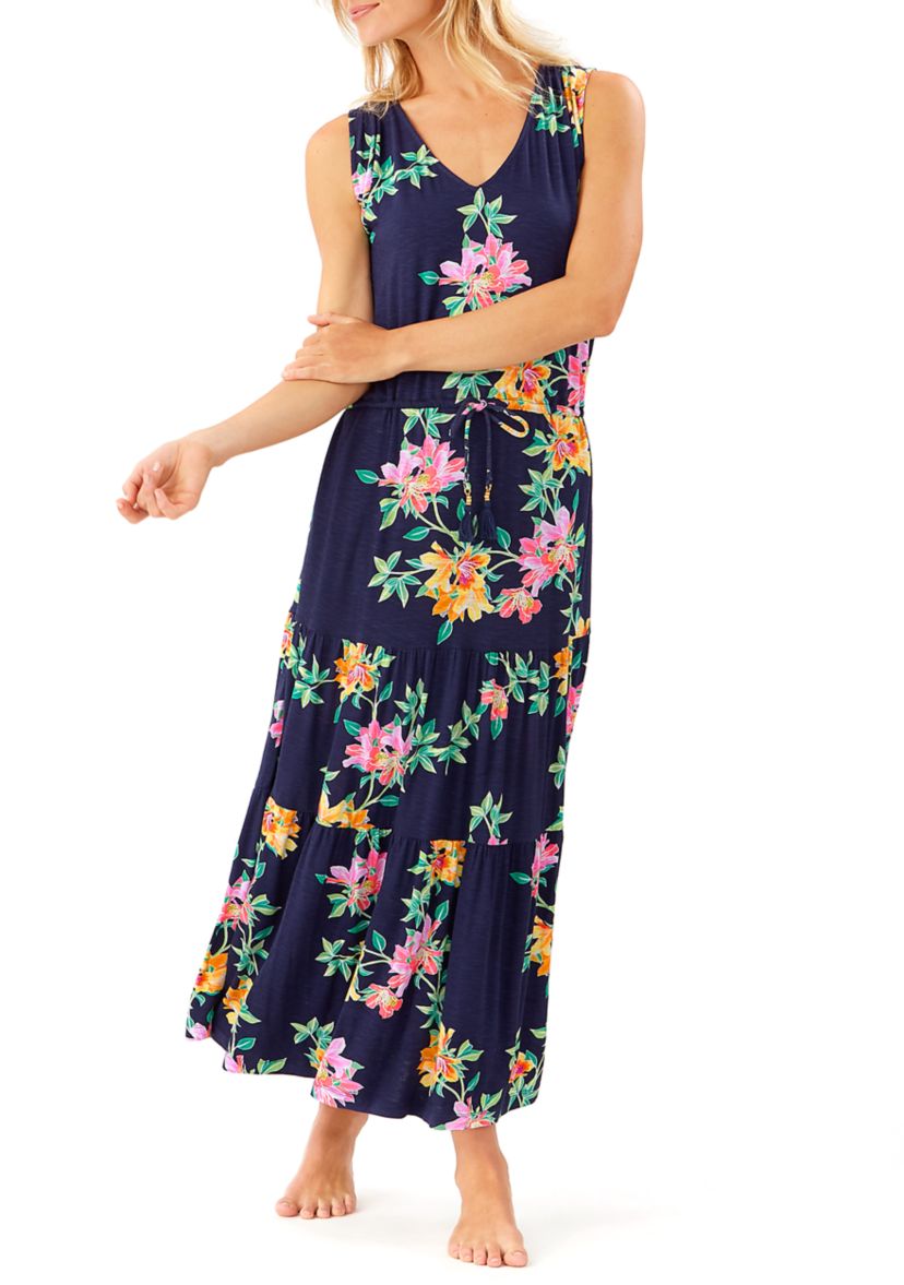 Womens Sun Lilies V-Neck Knit Tiered Dress