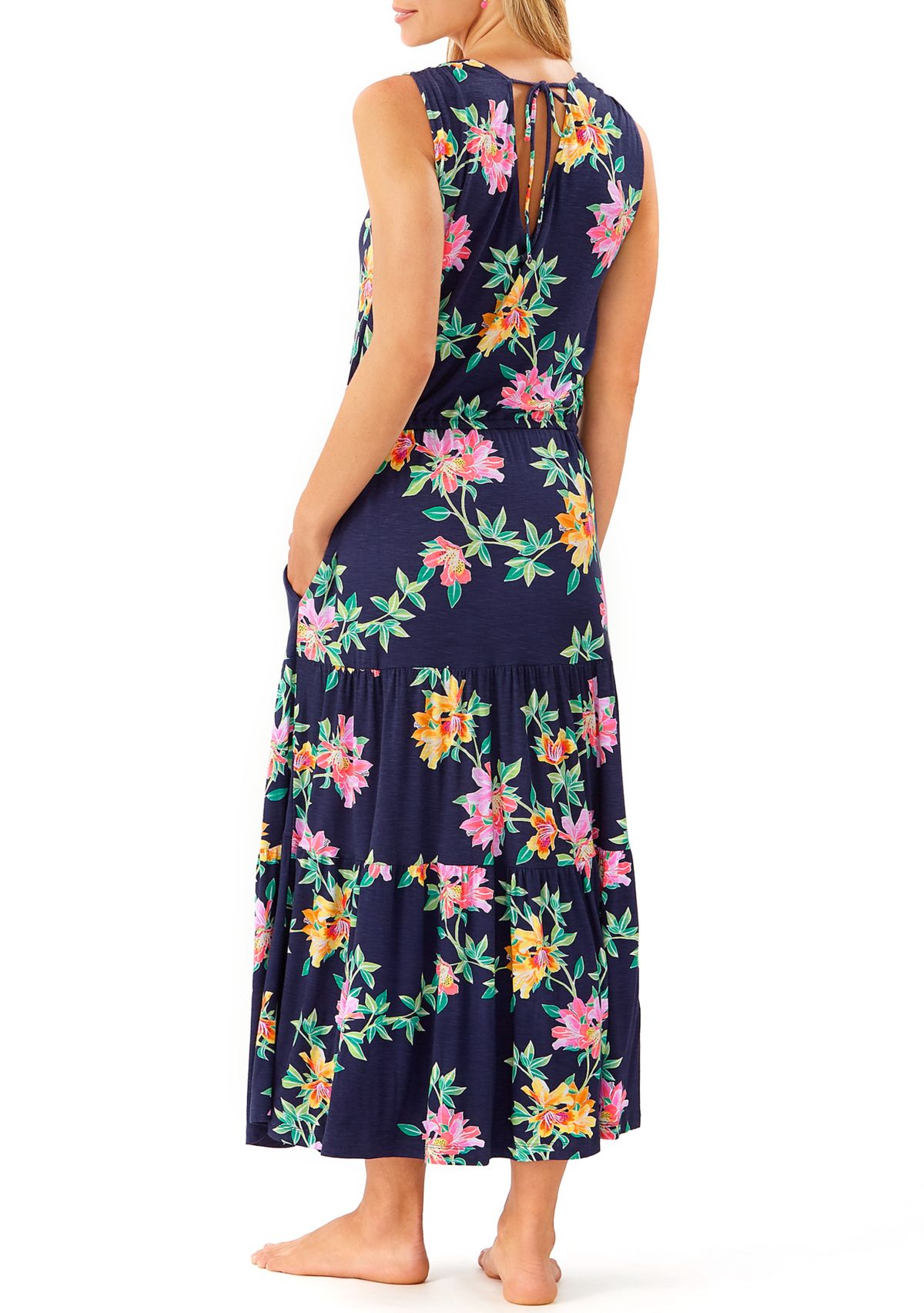 Womens Sun Lilies V-Neck Knit Tiered Dress