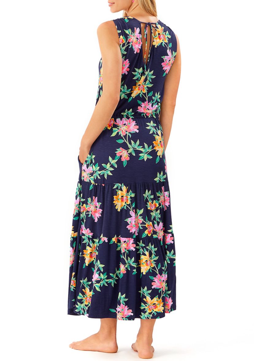 Womens Sun Lilies V-Neck Knit Tiered Dress