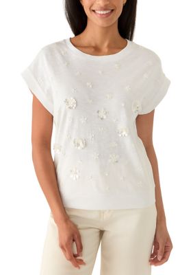 Tommy Bahama Women's Floral Embellished Lux T-Shirt, White, Small
