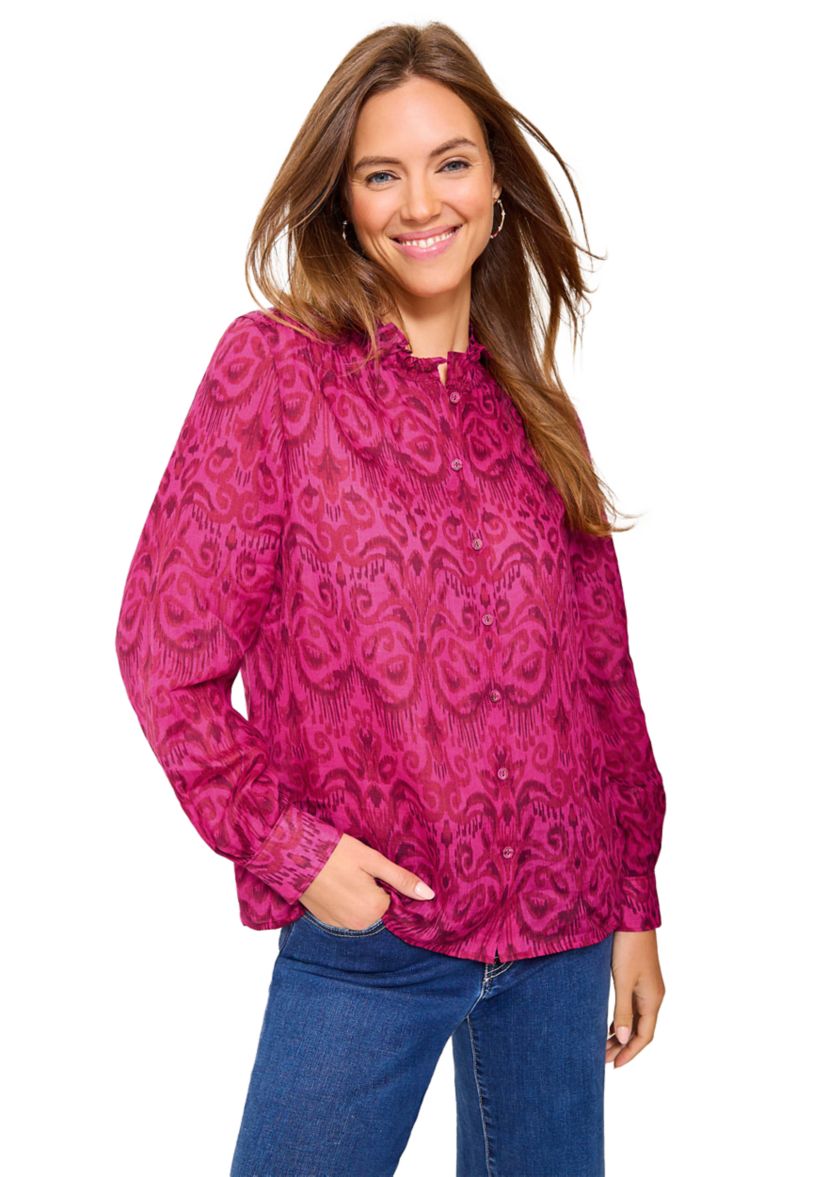 Womens Seaside Long Sleeve Ruffle Neck Top