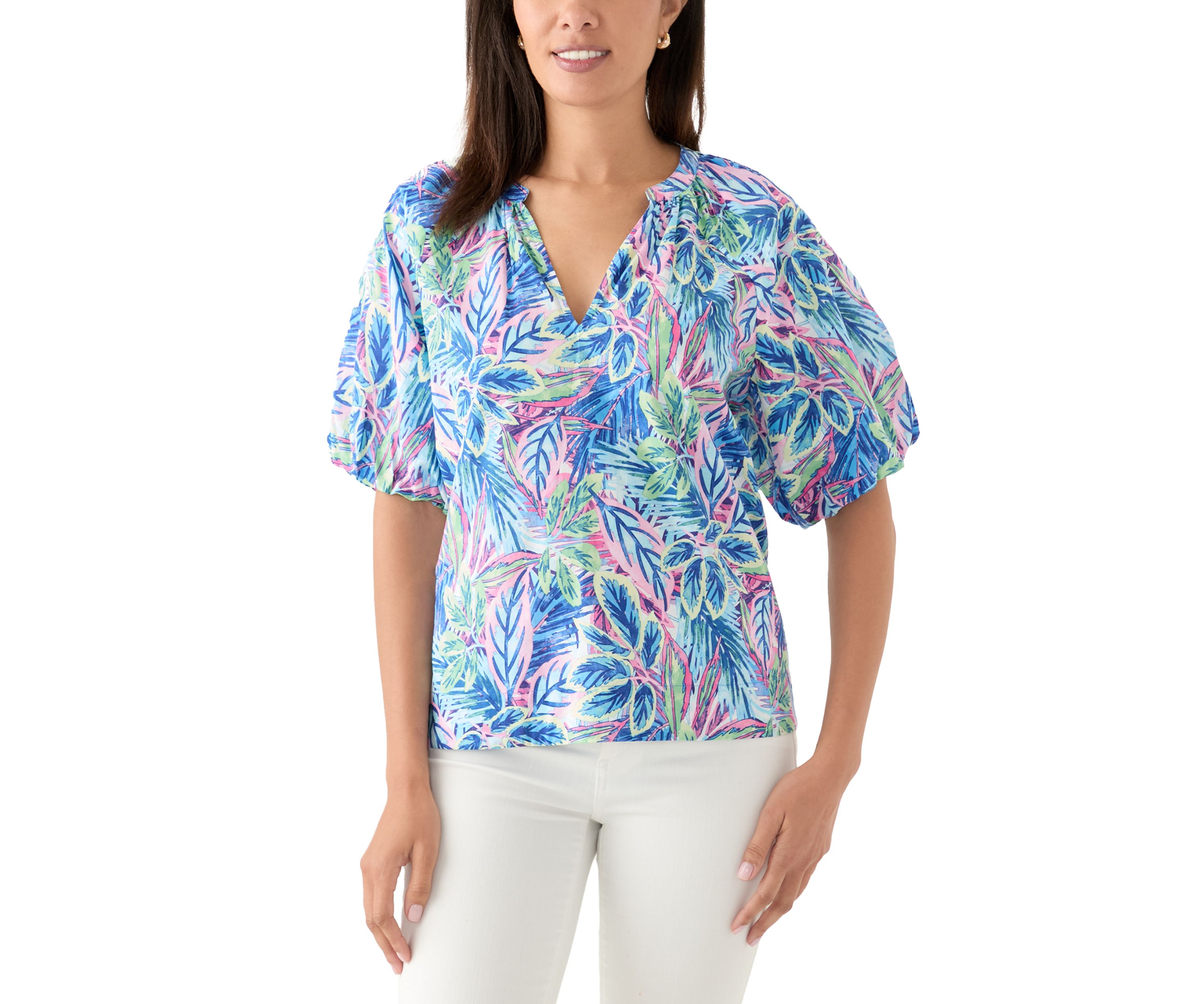 Womens Short Puff Sleeve Frond Grove Top