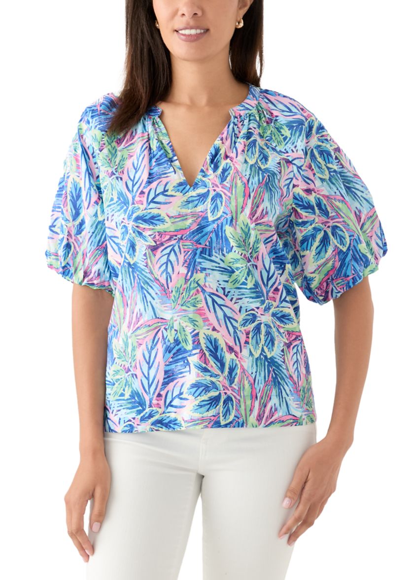 Womens Short Puff Sleeve Frond Grove Top