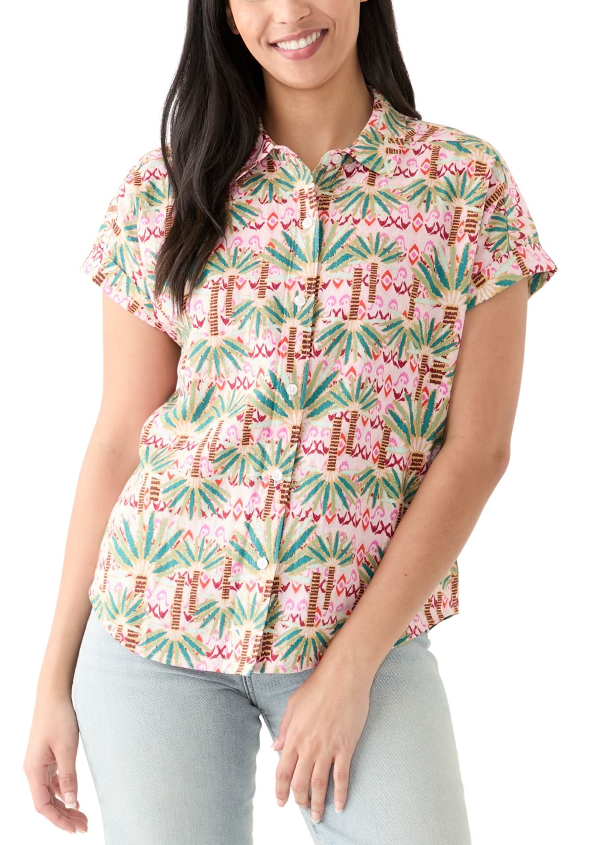 Womens Short Sleeve Printed Collared Button Up Shirt 
