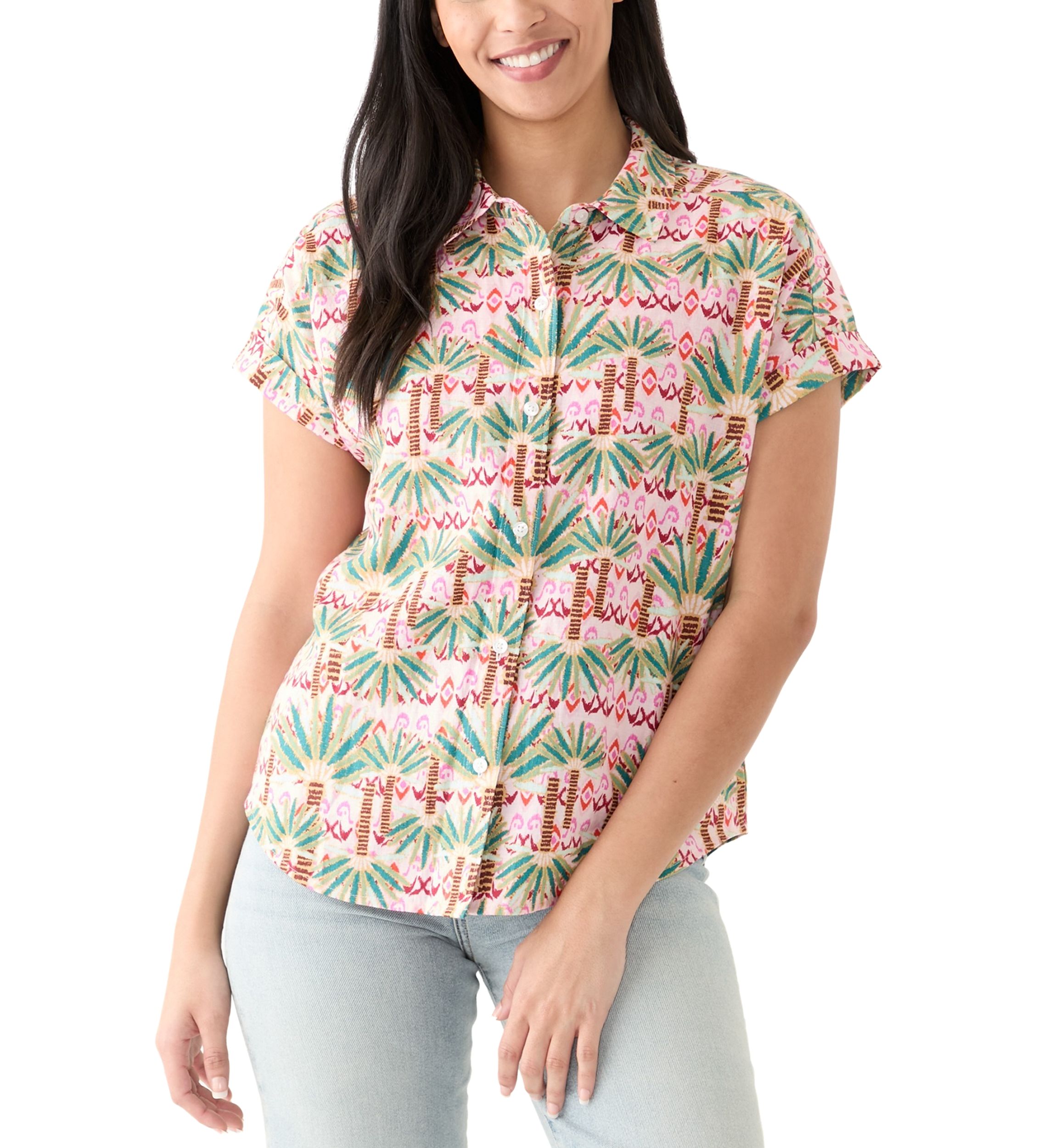 Womens Short Sleeve Printed Collared Button Up Shirt 