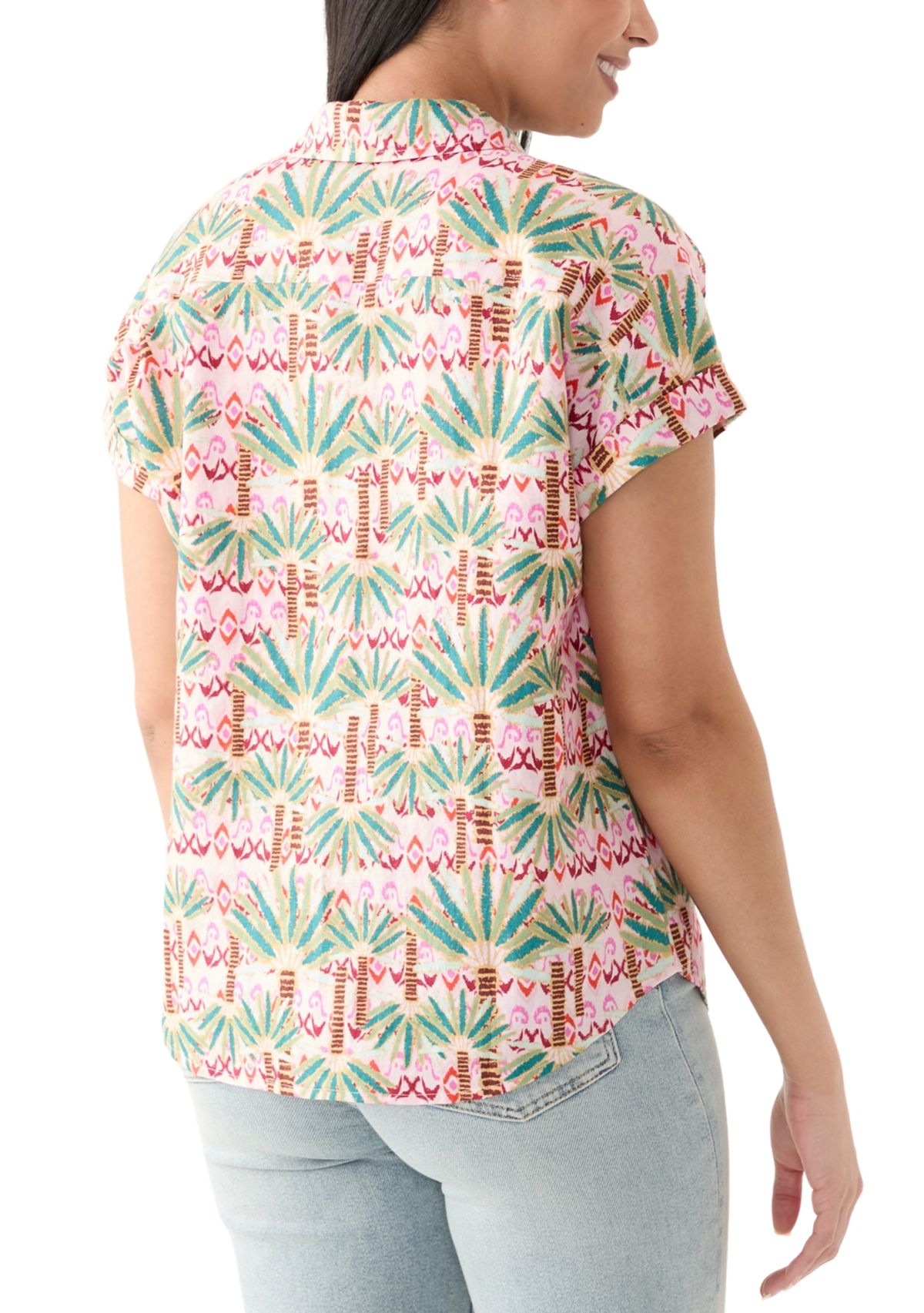 Womens Short Sleeve Printed Collared Button Up Shirt 