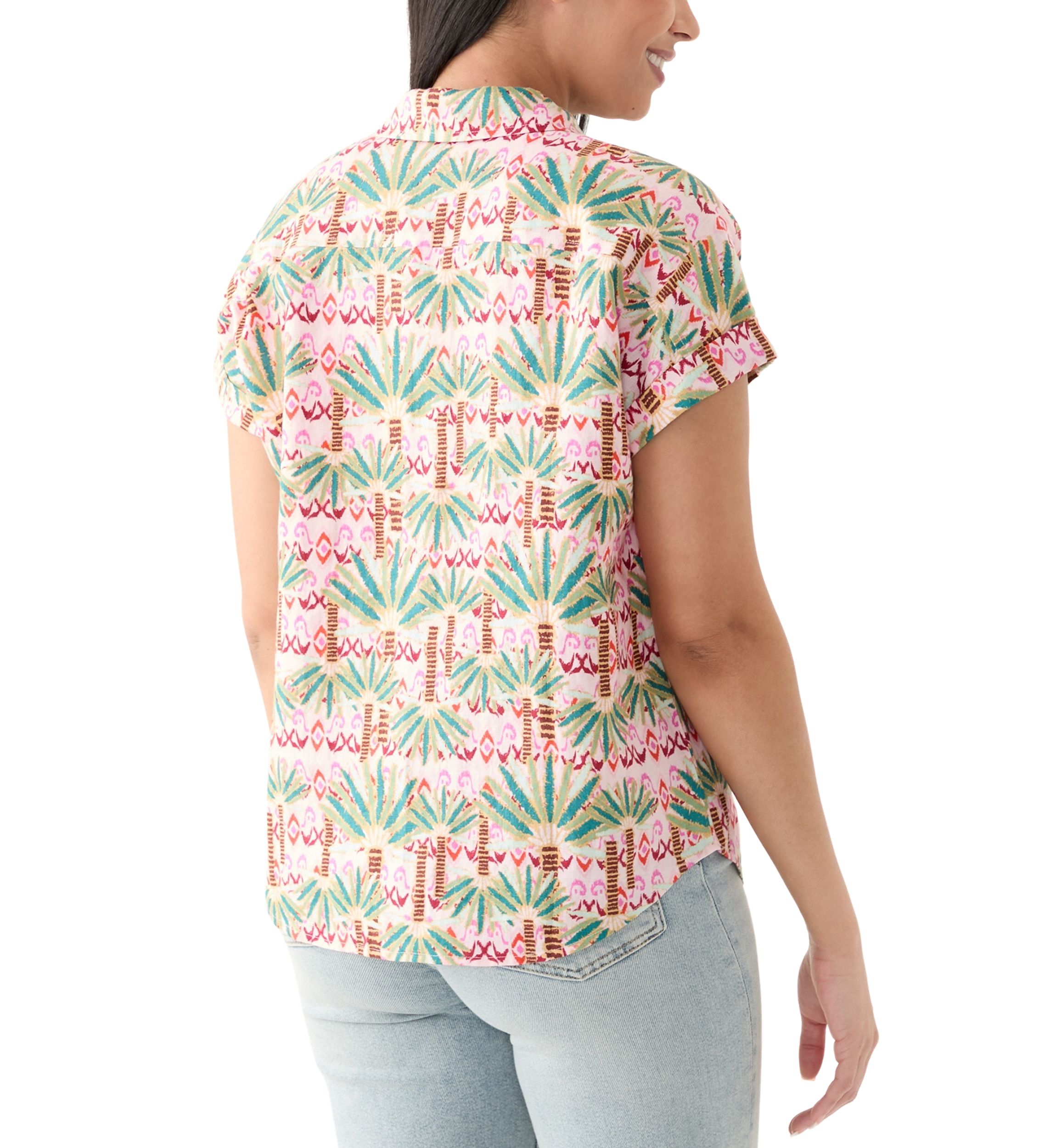 Womens Short Sleeve Printed Collared Button Up Shirt 
