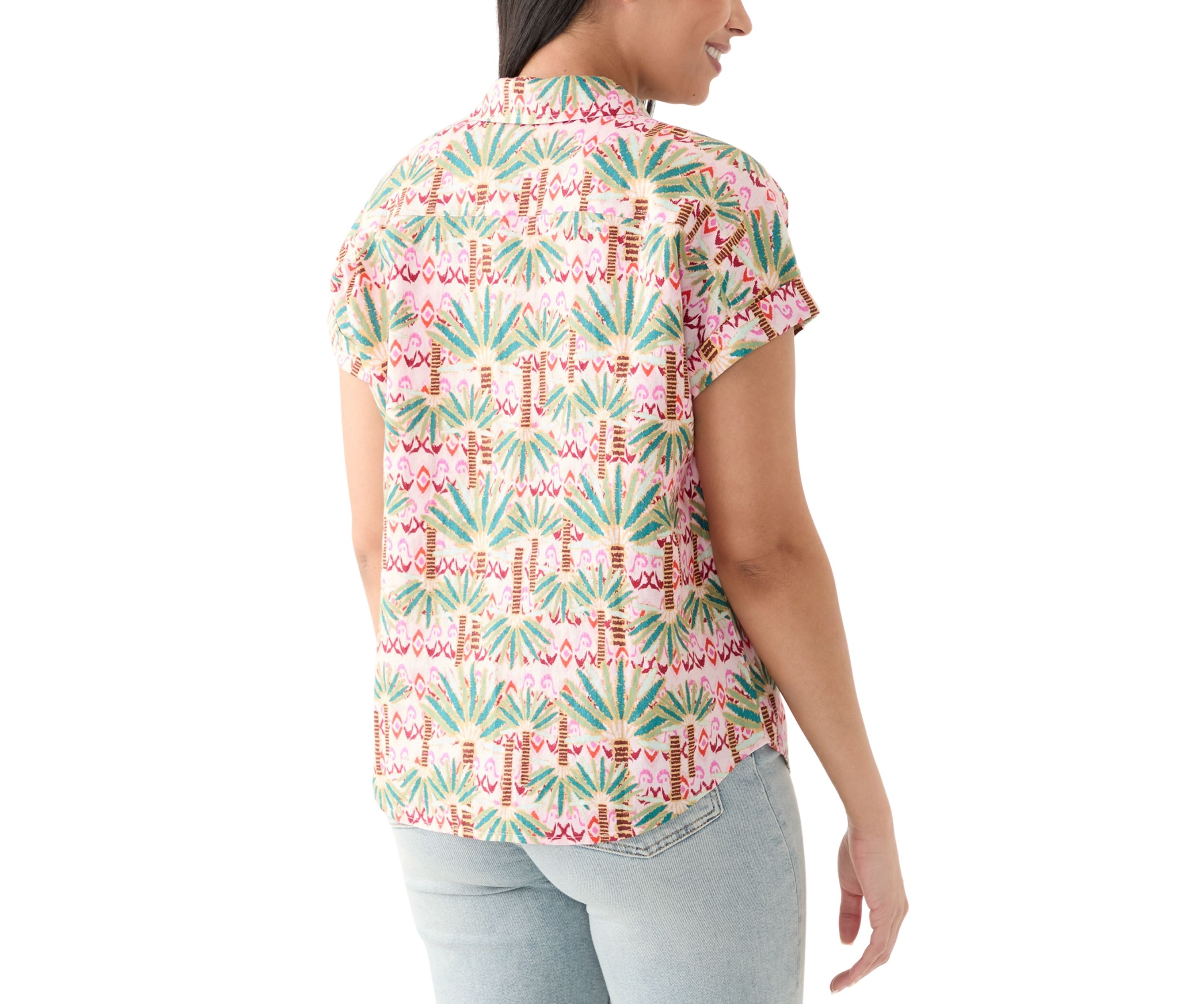 Womens Short Sleeve Printed Collared Button Up Shirt 