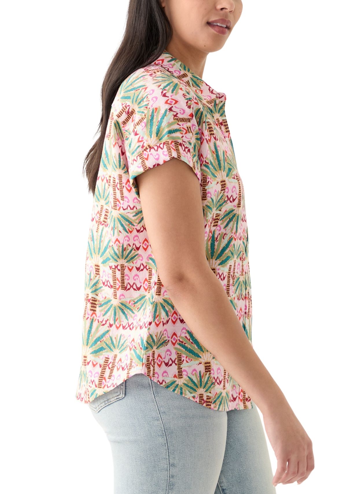 Womens Short Sleeve Printed Collared Button Up Shirt 