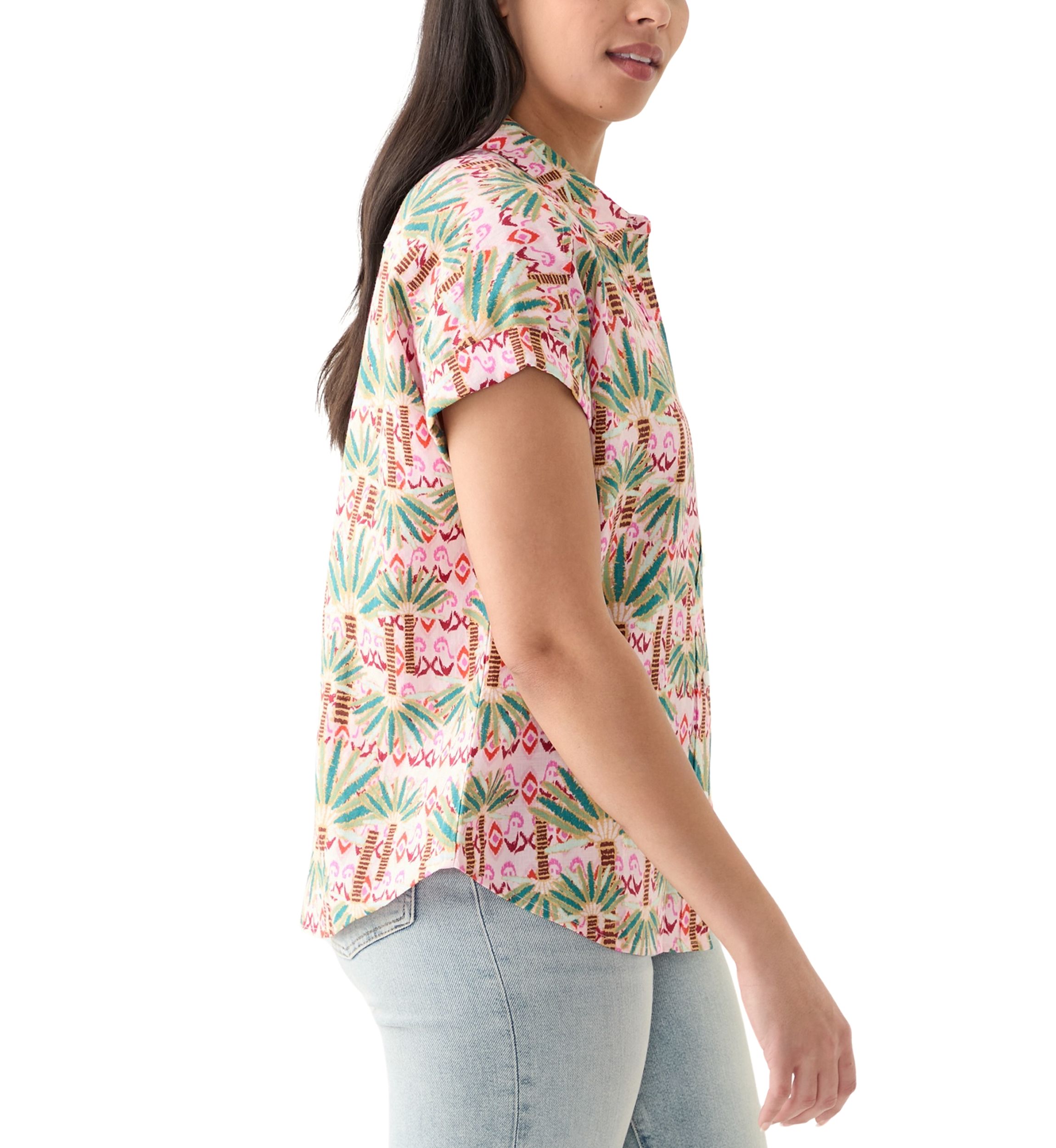 Womens Short Sleeve Printed Collared Button Up Shirt 