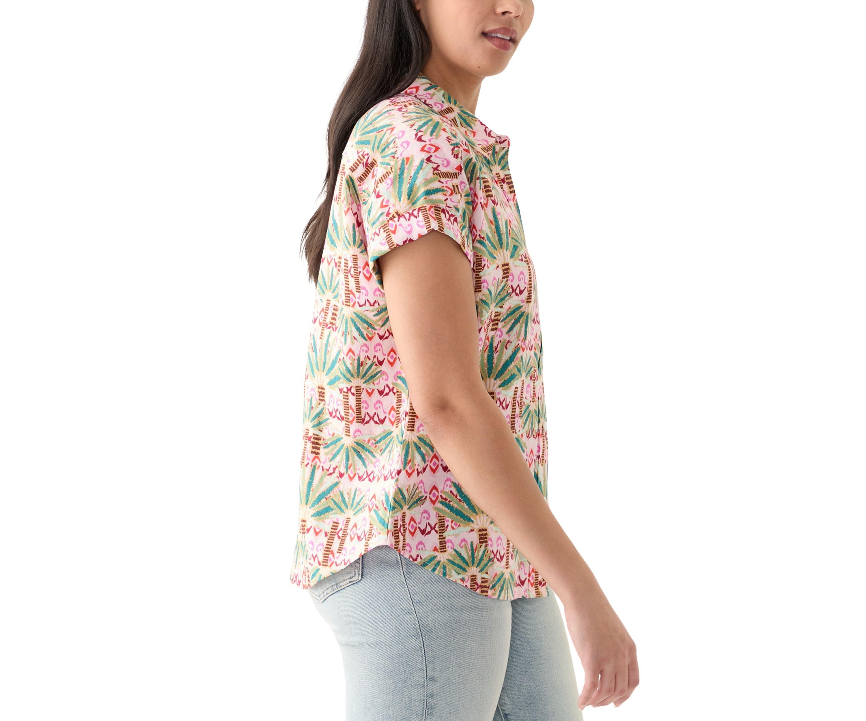Womens Short Sleeve Printed Collared Button Up Shirt 