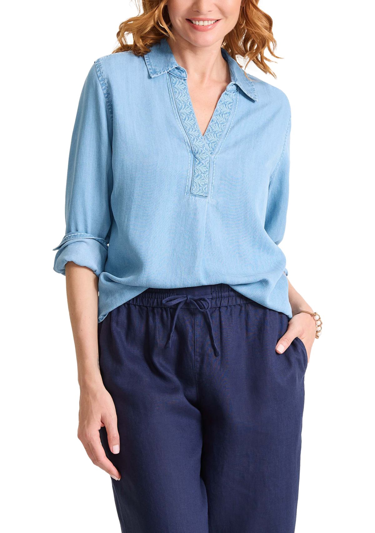 Womens Chambray Olei Embroidered Popover Top 