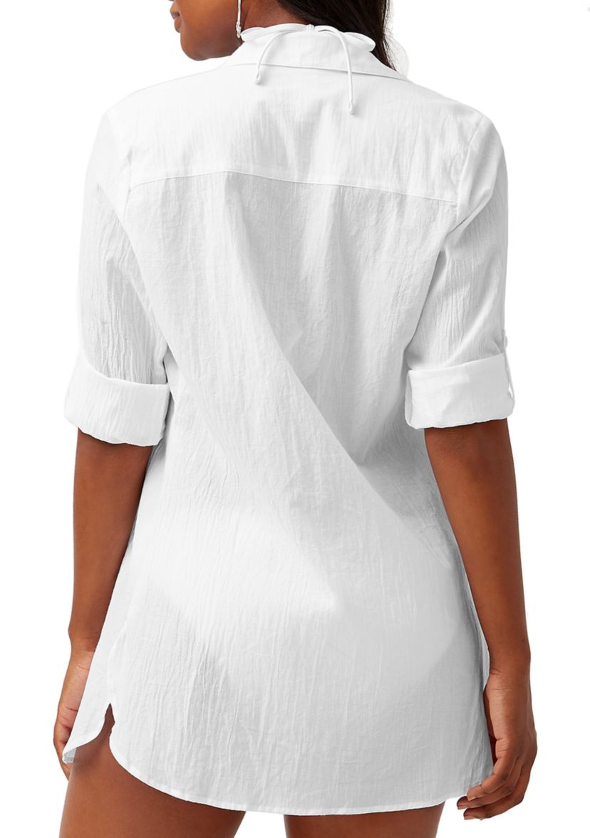Crinkle Cotton Button Front Swim Shirt Cover Up
