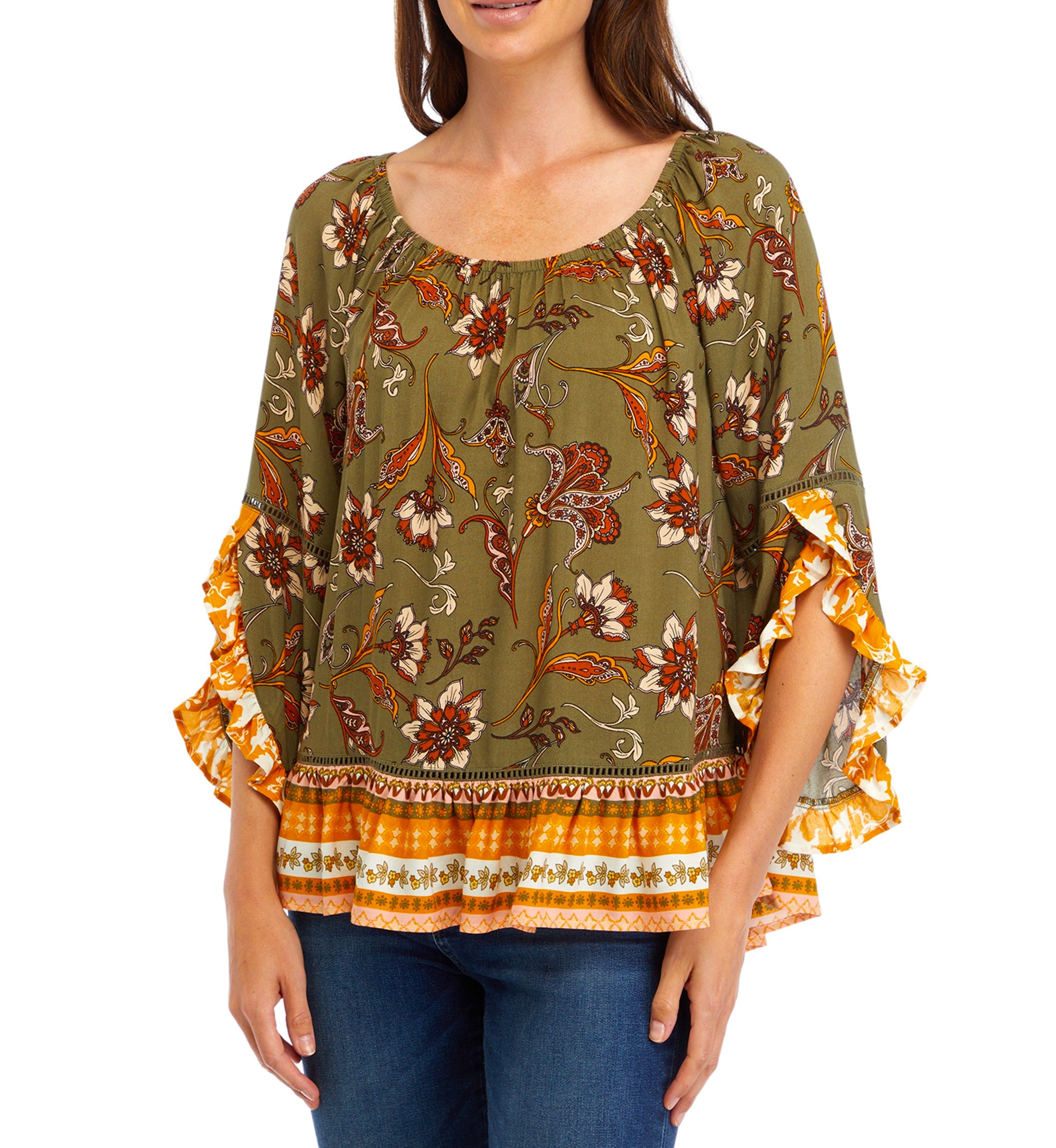 Womens 3/4 Printed Ruffle Blouse