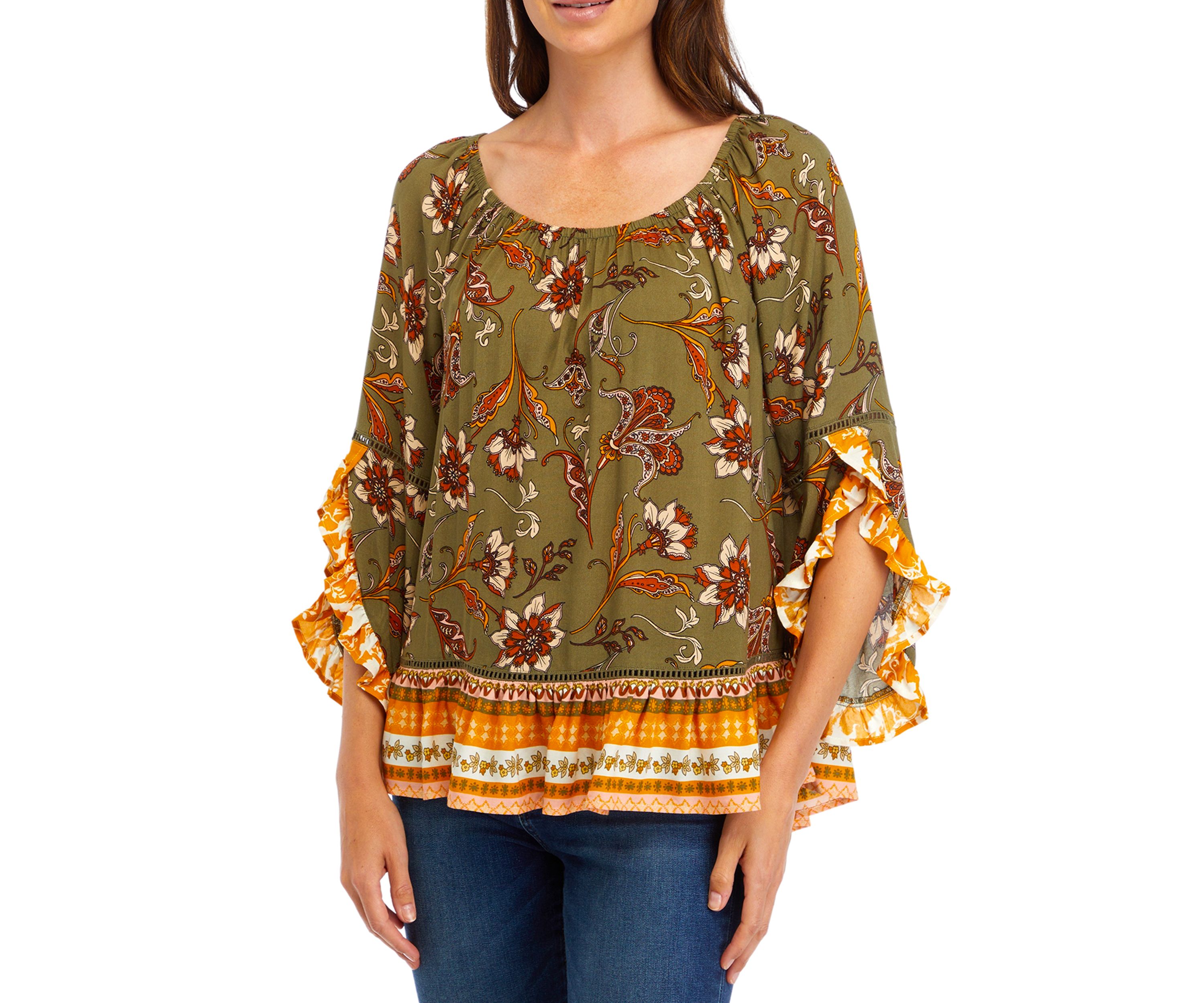 Womens 3/4 Printed Ruffle Blouse