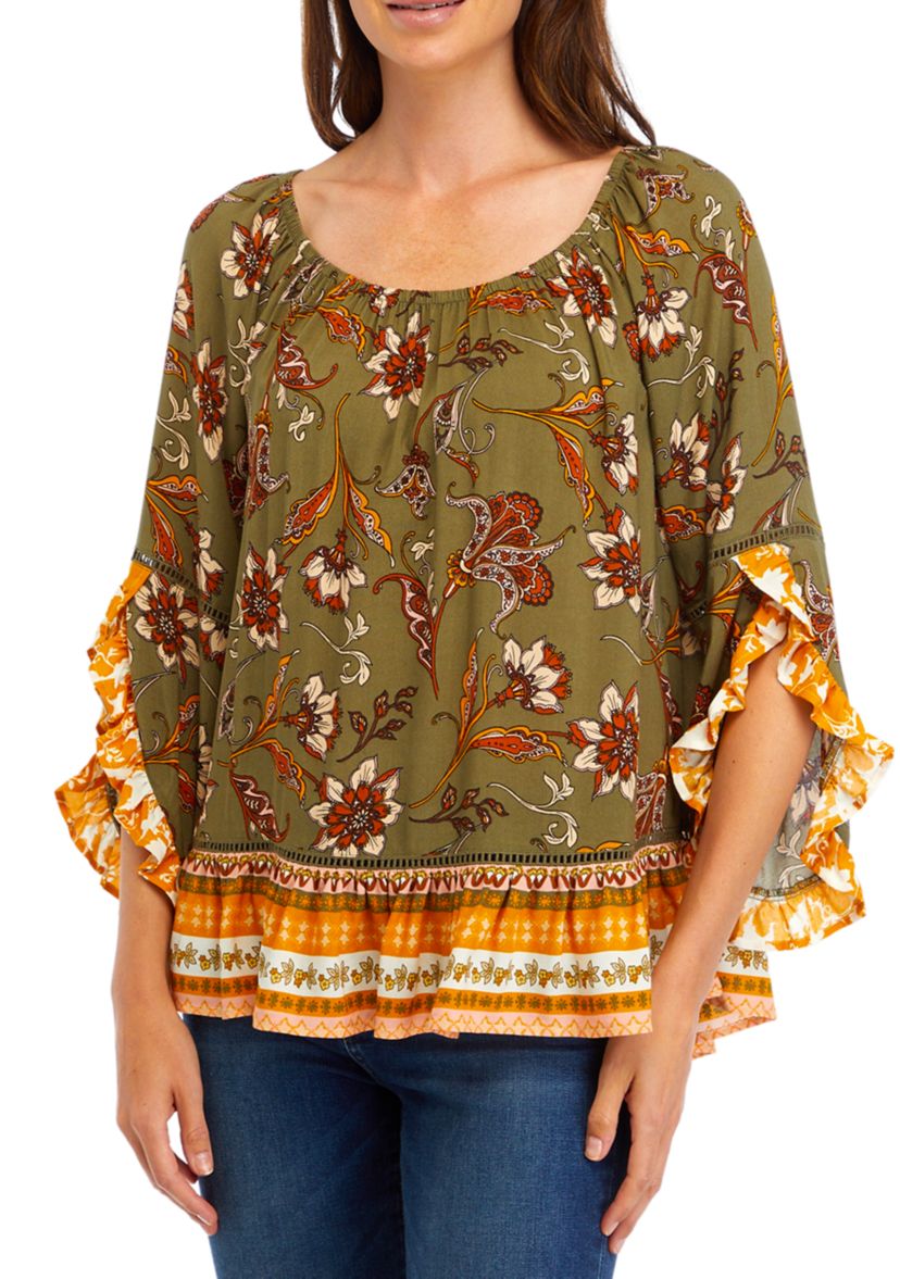 Womens 3/4 Printed Ruffle Blouse