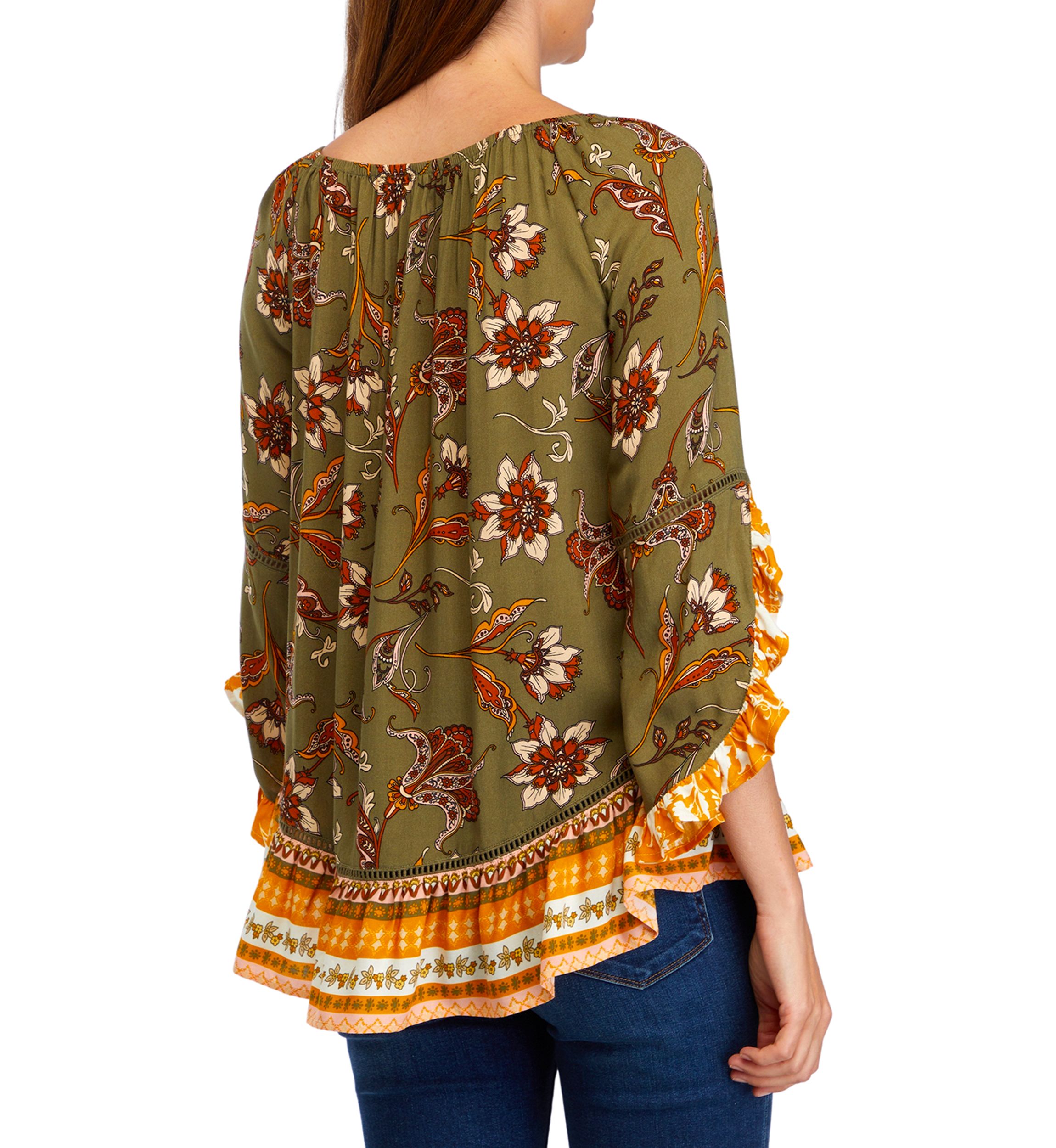 Womens 3/4 Printed Ruffle Blouse