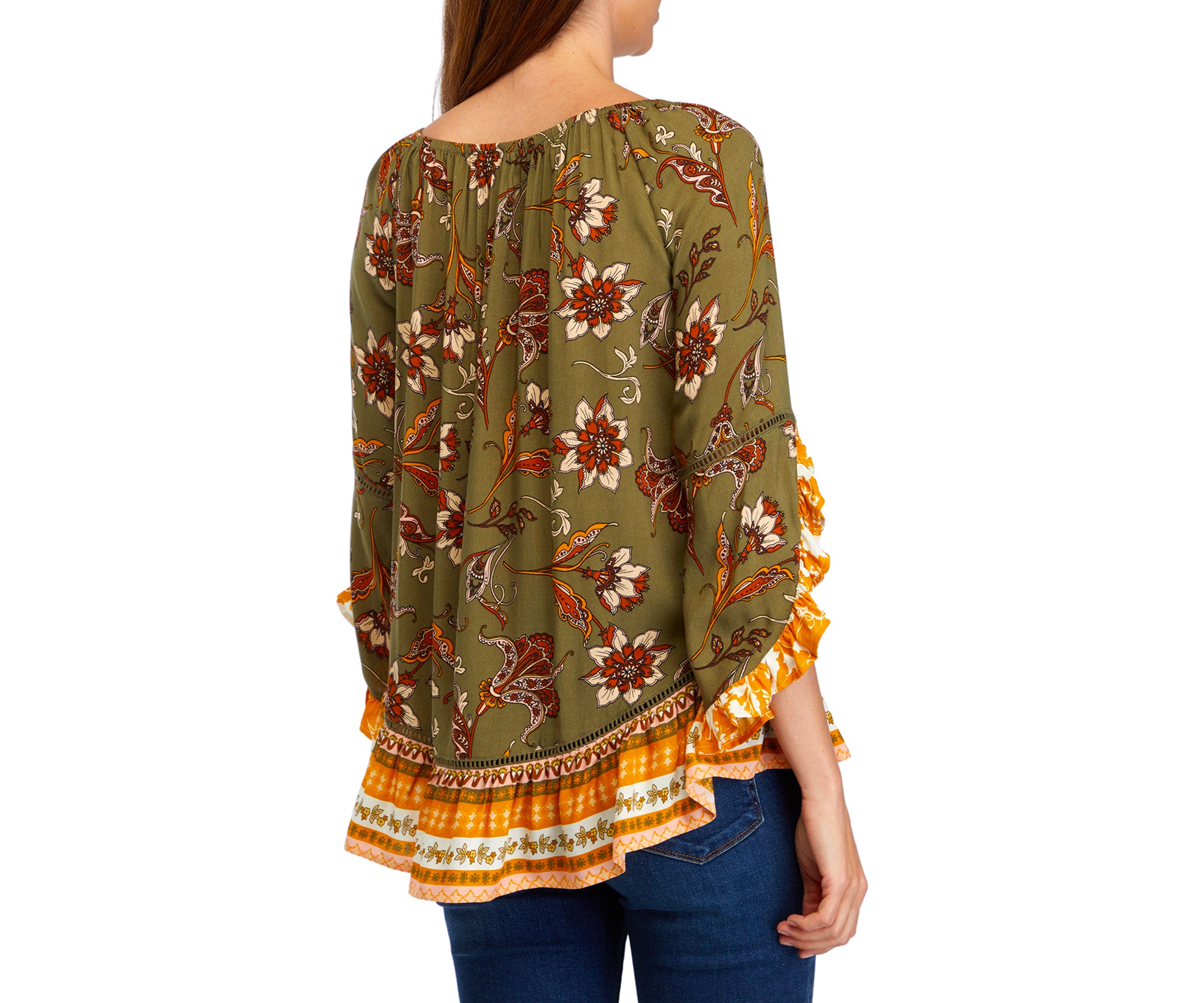 Womens 3/4 Printed Ruffle Blouse
