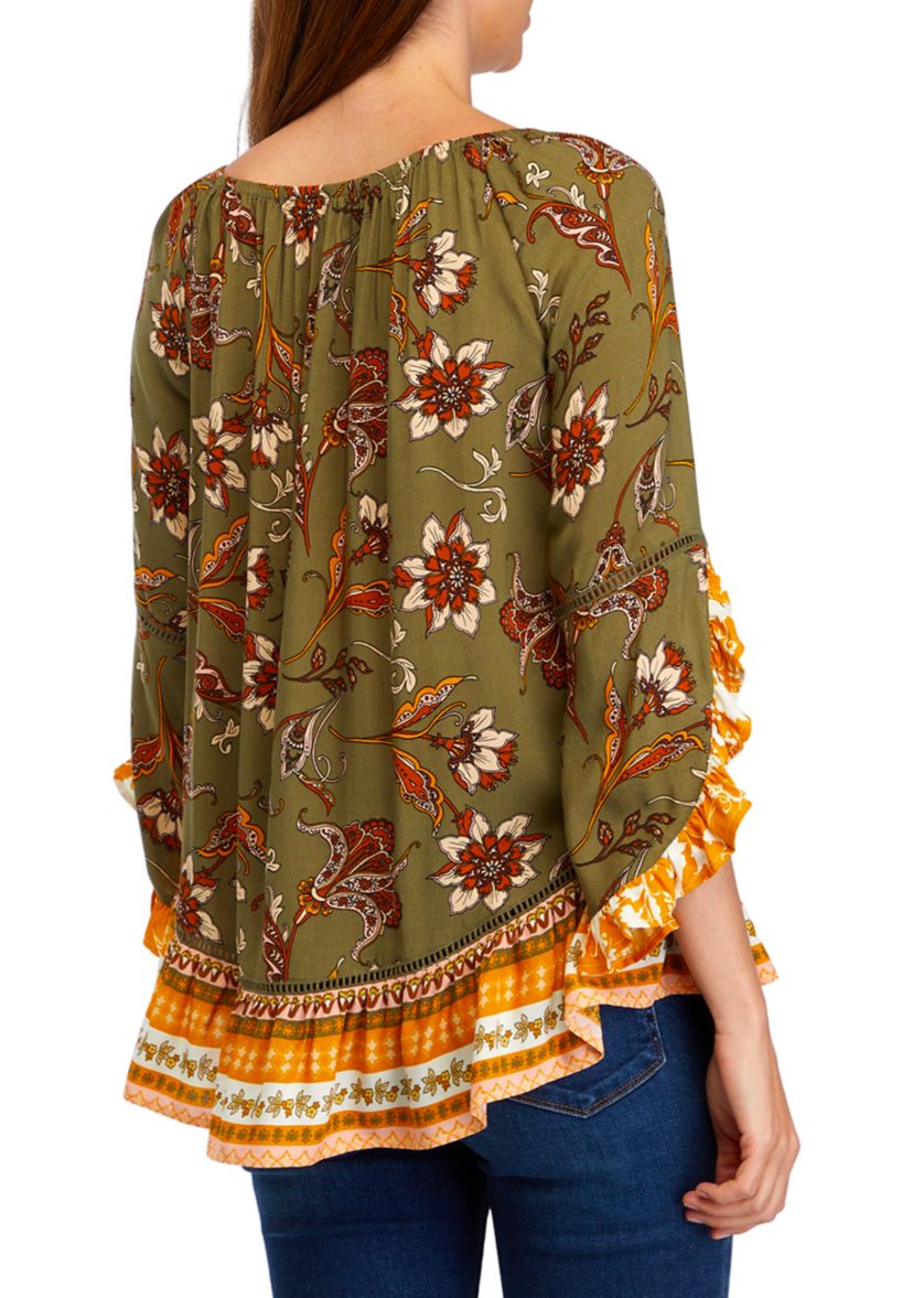 Womens 3/4 Printed Ruffle Blouse