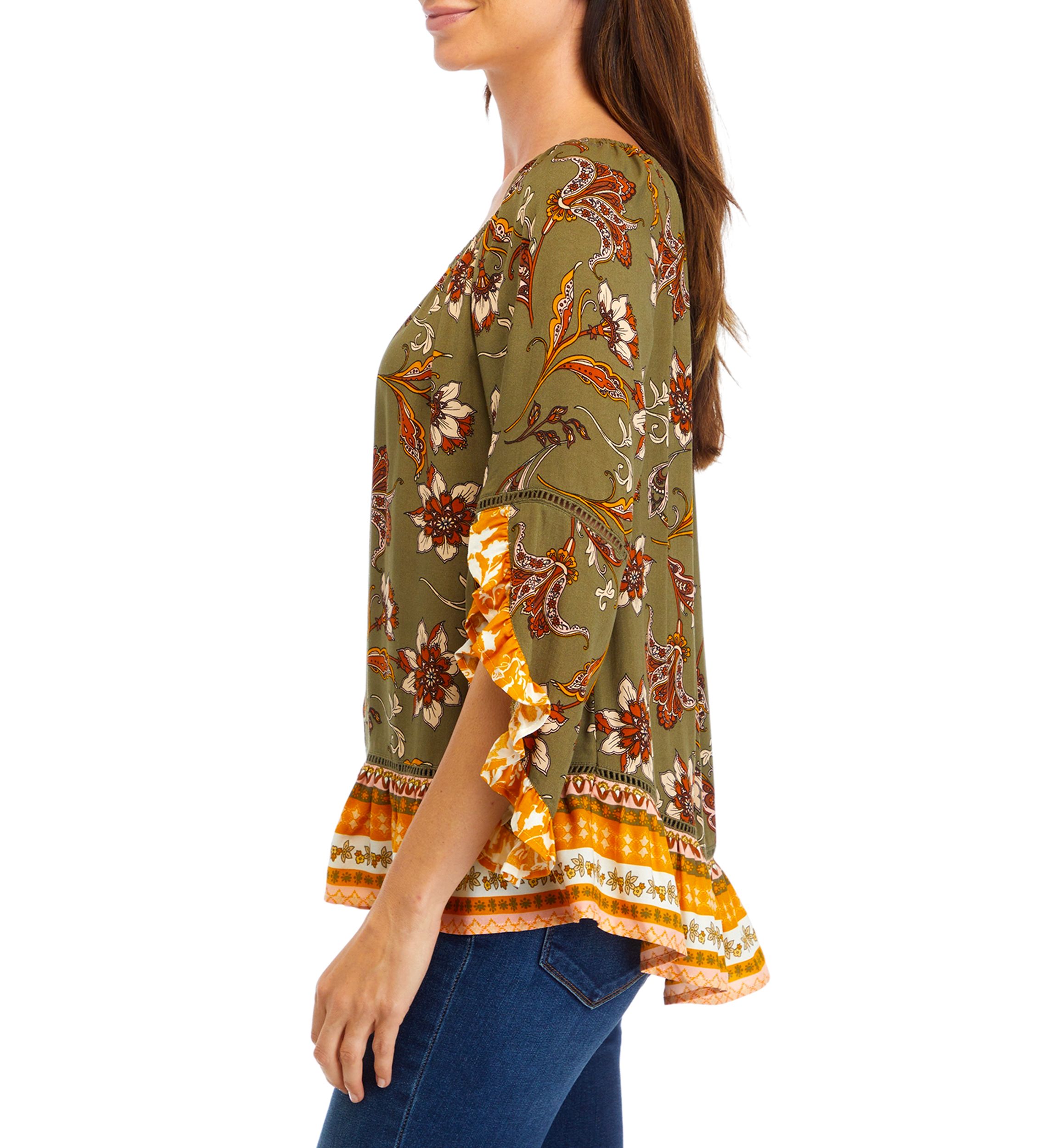 Womens 3/4 Printed Ruffle Blouse