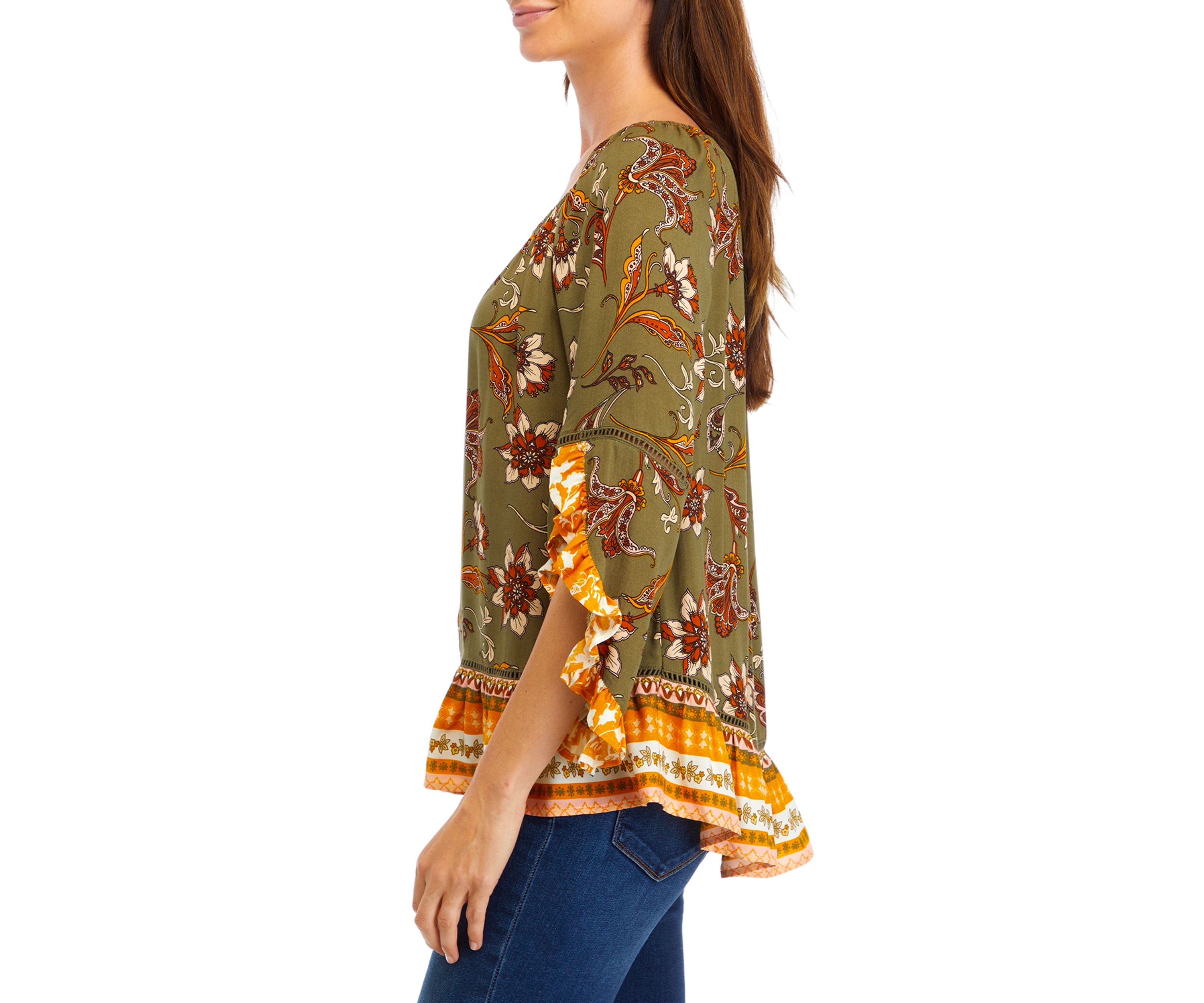 Womens 3/4 Printed Ruffle Blouse