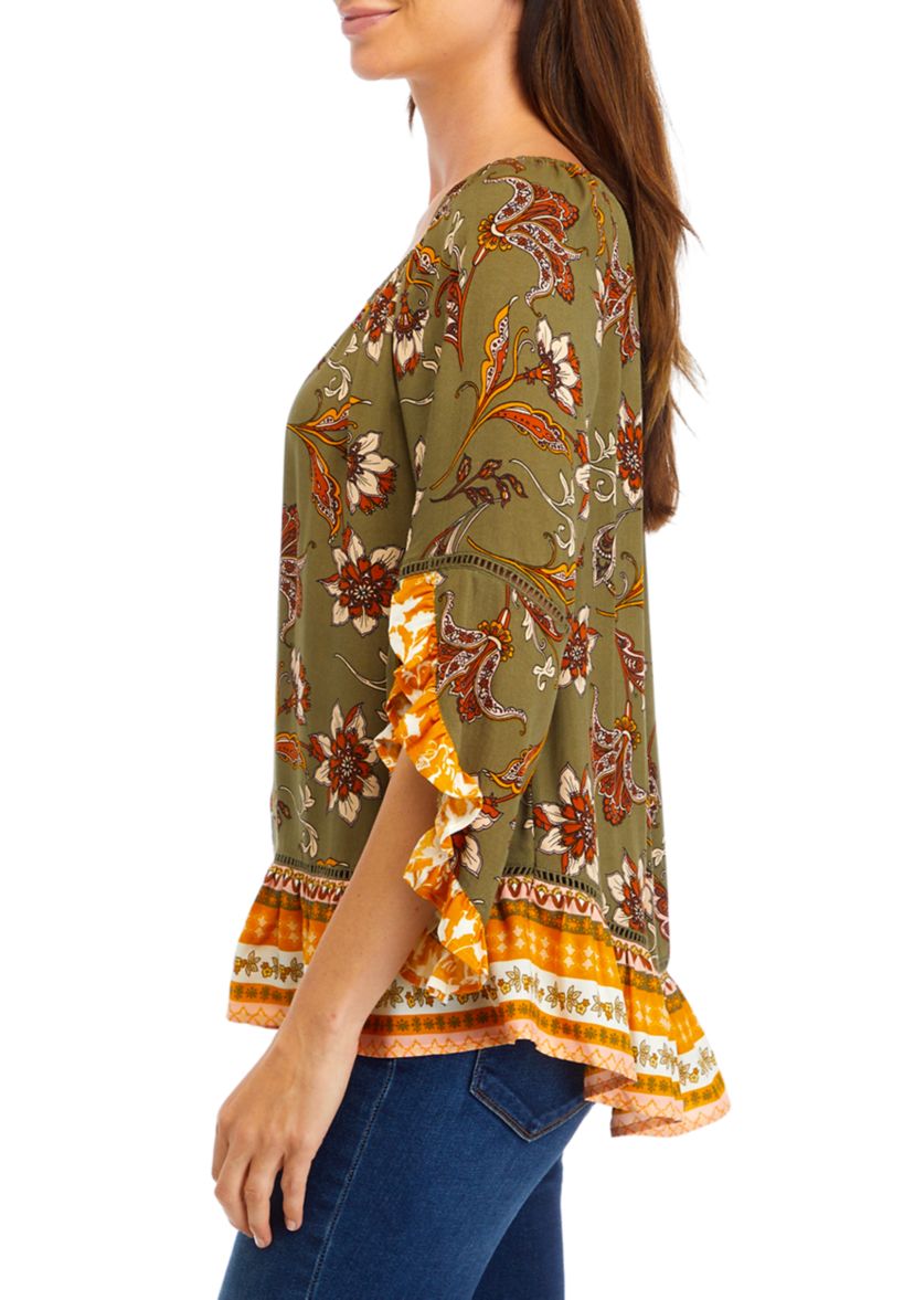 Womens 3/4 Printed Ruffle Blouse