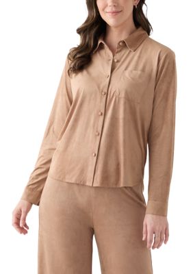 Fever Women's Long Sleeve Faux Suede Button Front Top, Tan, Small