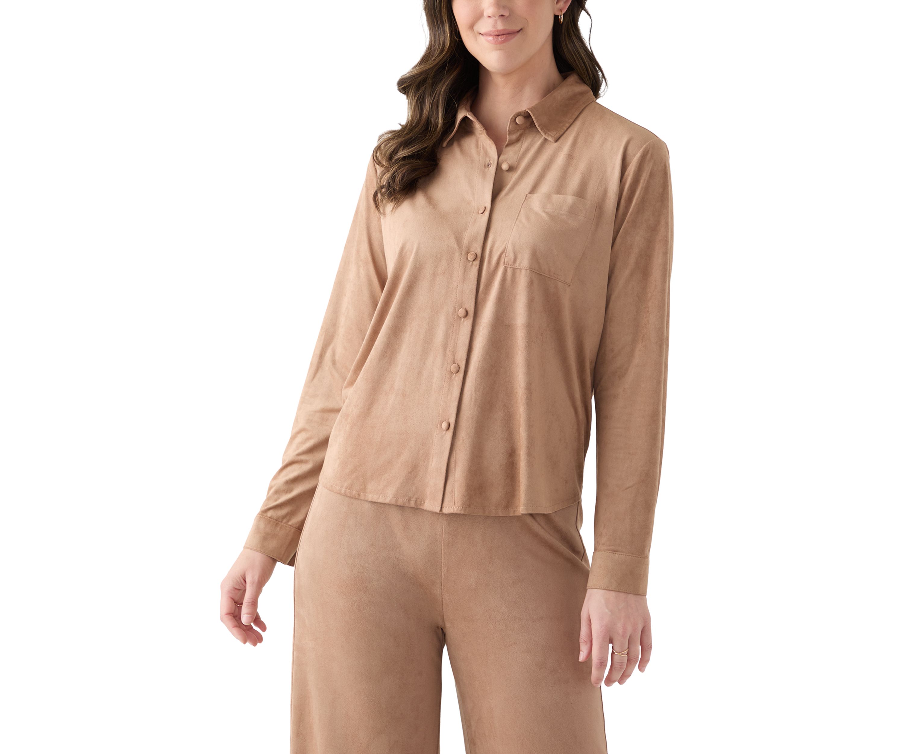 Womens Long Sleeve Faux Suede Button Front Top