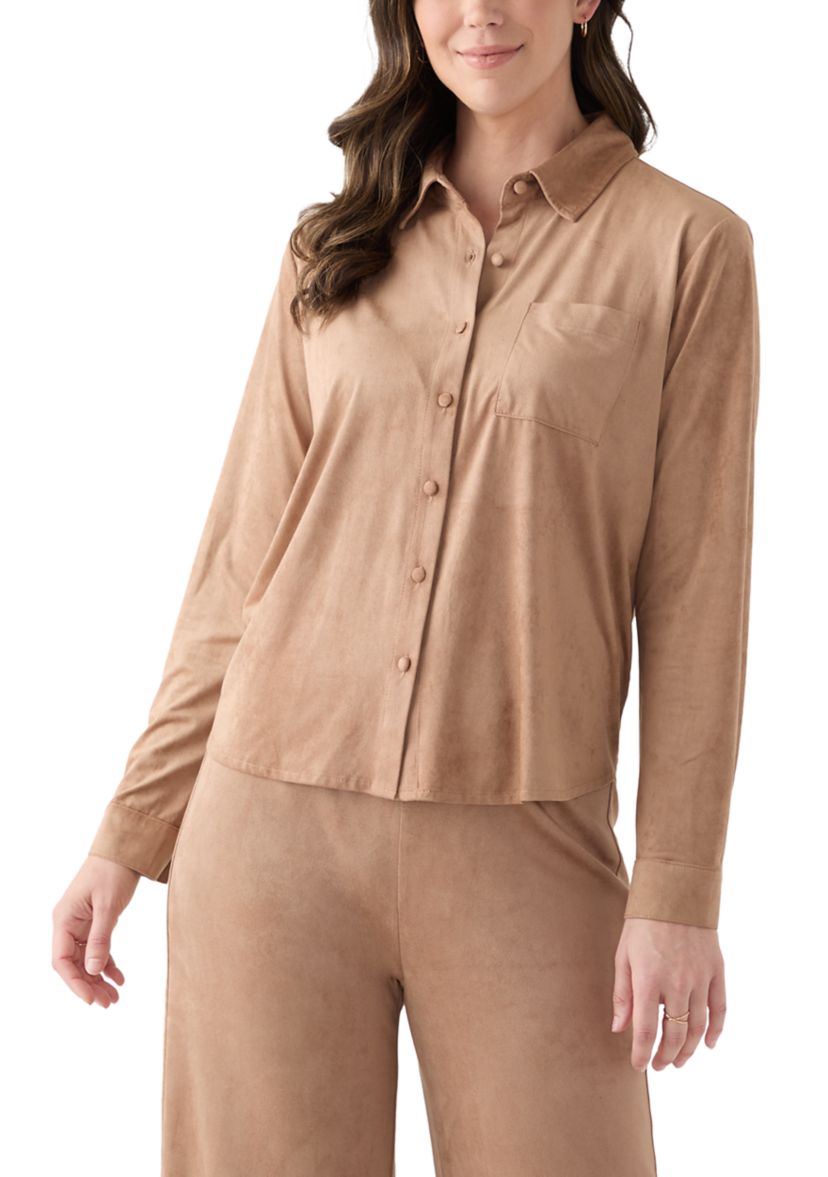 Womens Long Sleeve Faux Suede Button Front Top